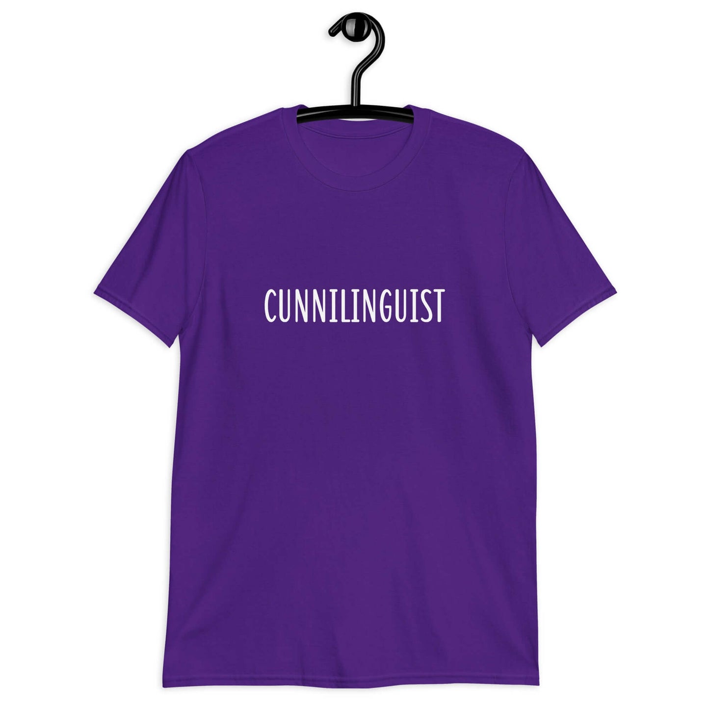 Purple t-shirt with the word Cunnilinguist printed on the front.