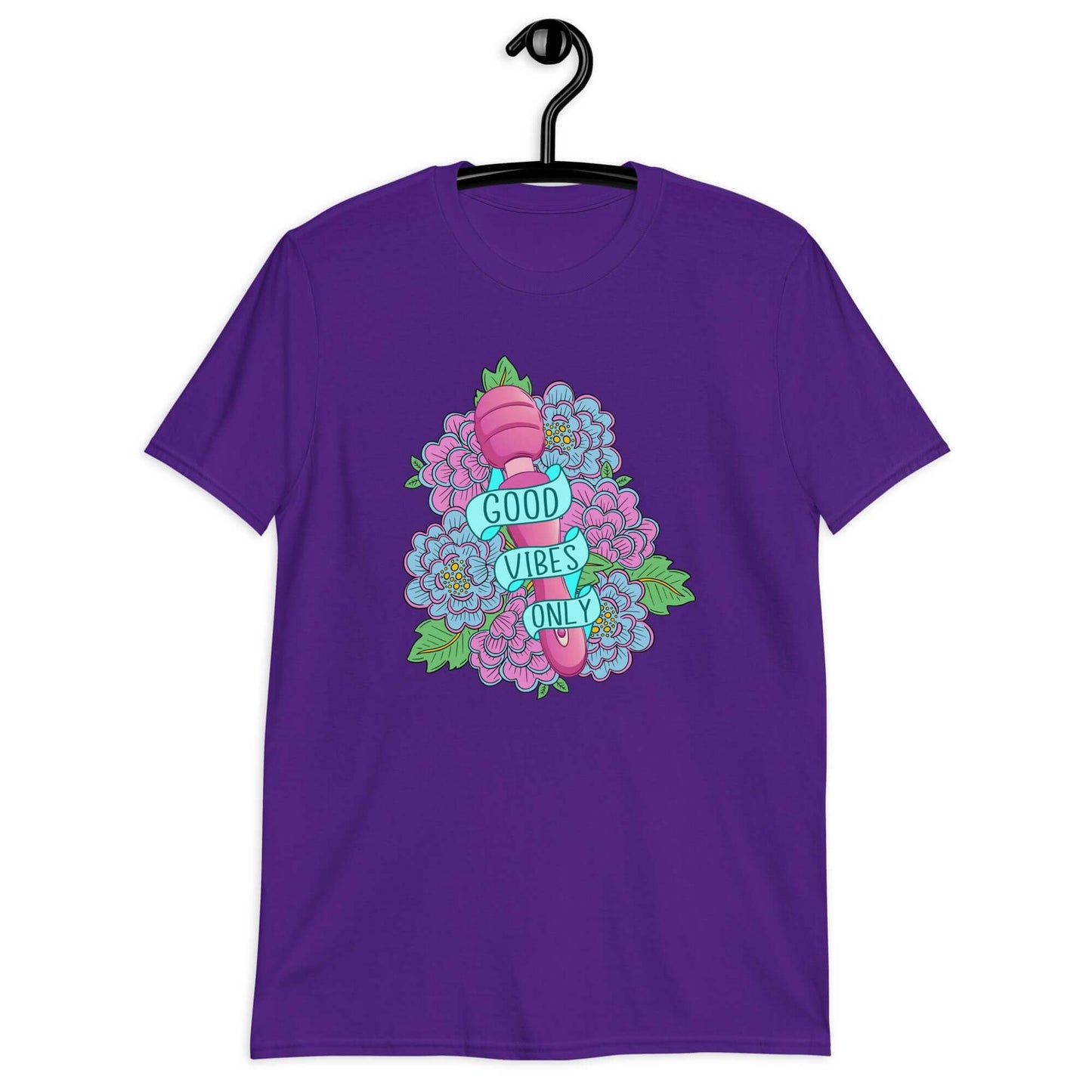 Purple t-shirt with graphic design that has the words Good vibes only layered over a pink wand vibrator with flowers around. The graphic design is printed on the front of the shirt.