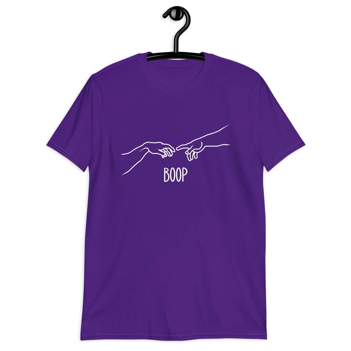 Purple t-shirt with line drawing hands reaching out and touching in the center like they in the famous art creation of Adam. The word Boop is printed underneath.