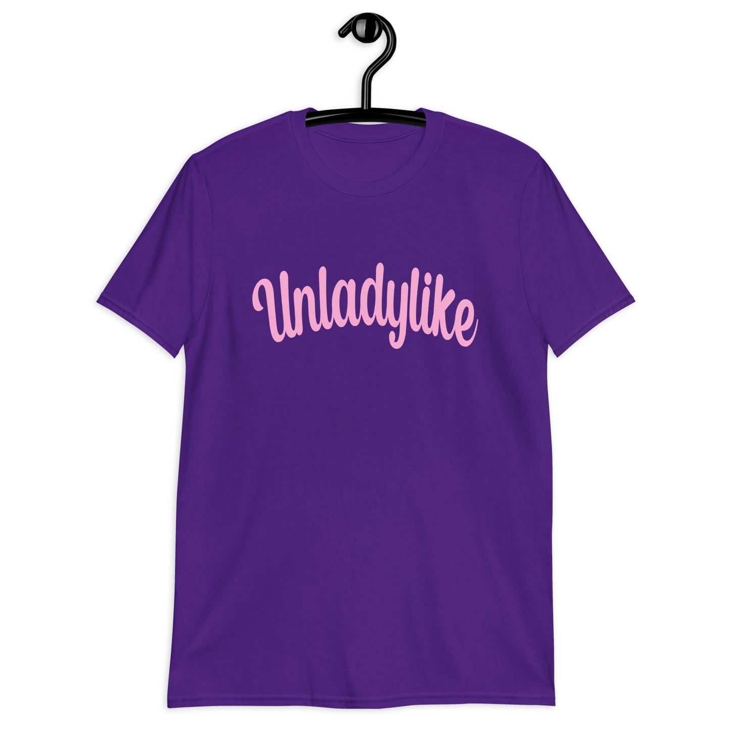 Purple t-shirt with the word Unladylike printed on the front in pink.