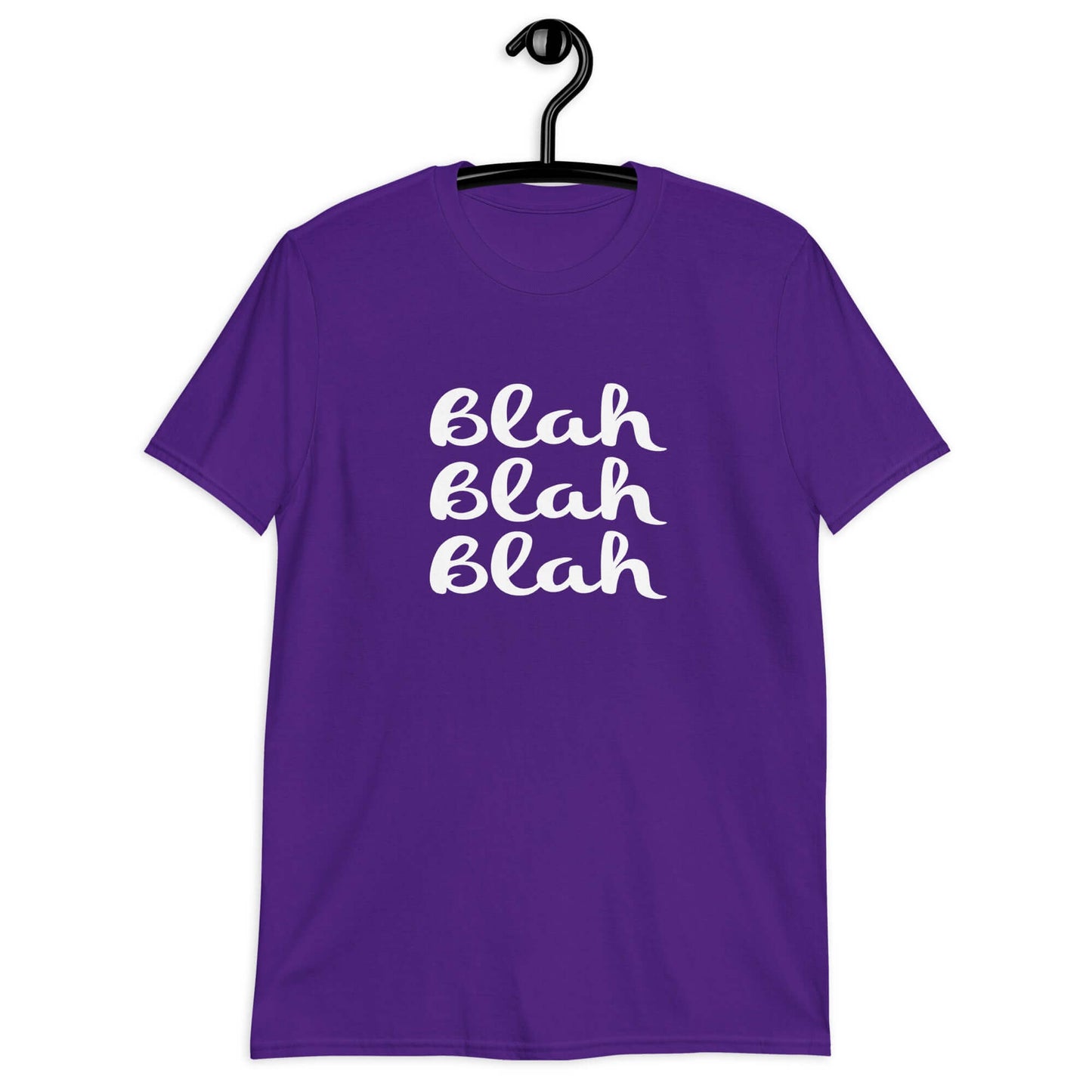 Purple t-shirt with the words Blah Blah Blah printed on the front.