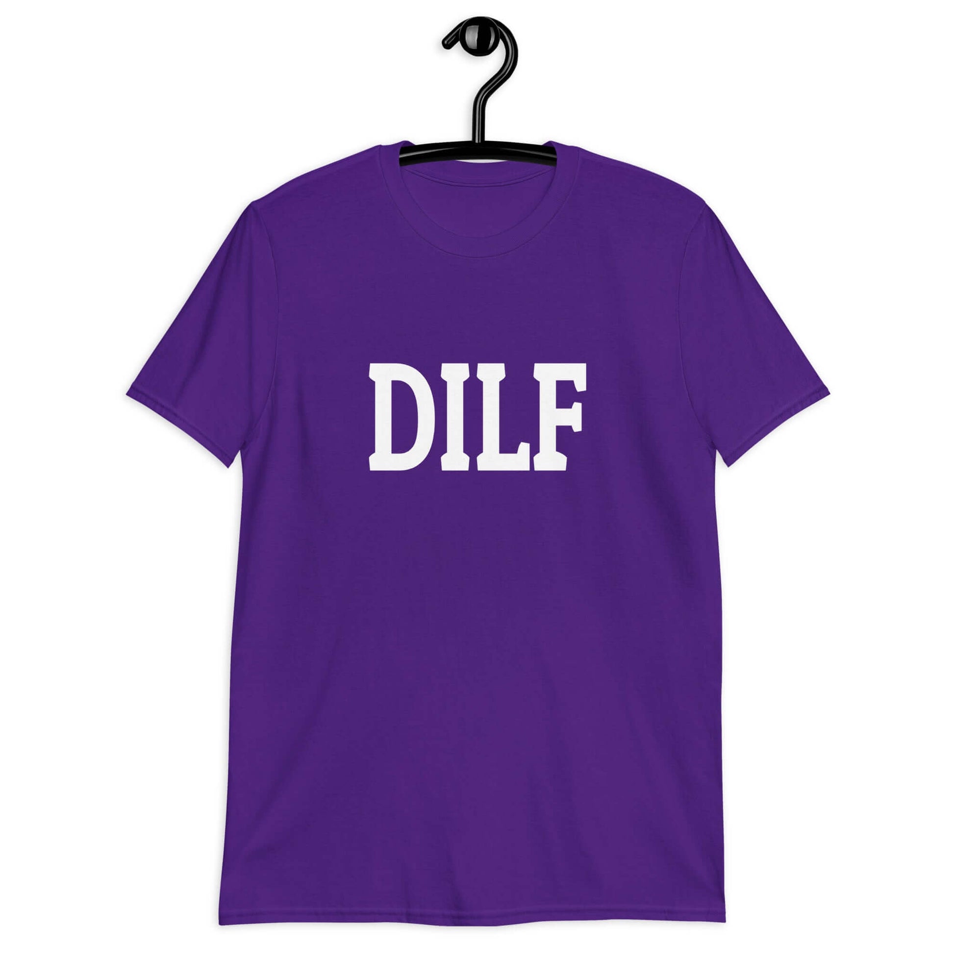 Purple t-shirt with the acronym DILF printed on the front.