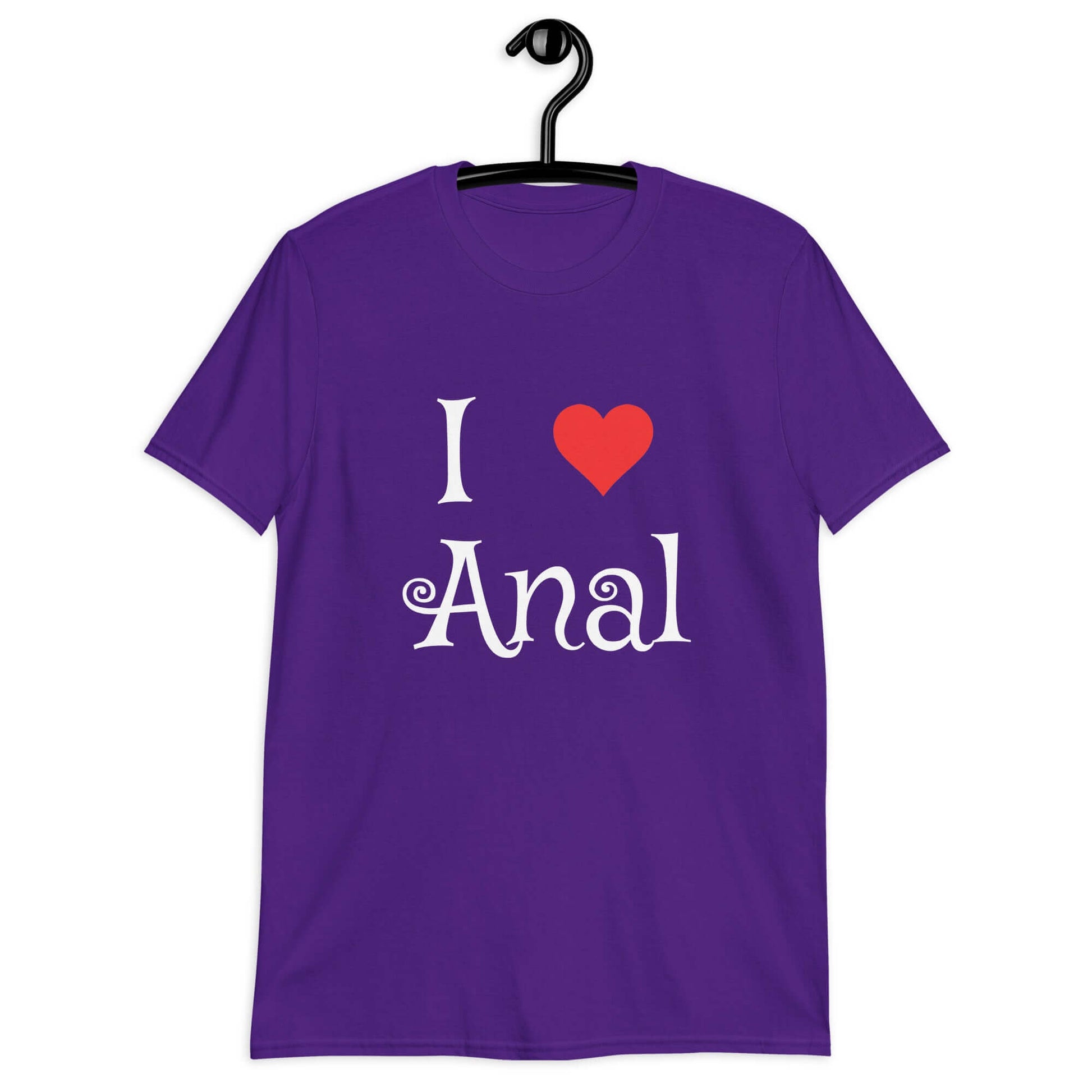 Purple t-shirt with the phrase I heart anal printed on the front. The heart is red.