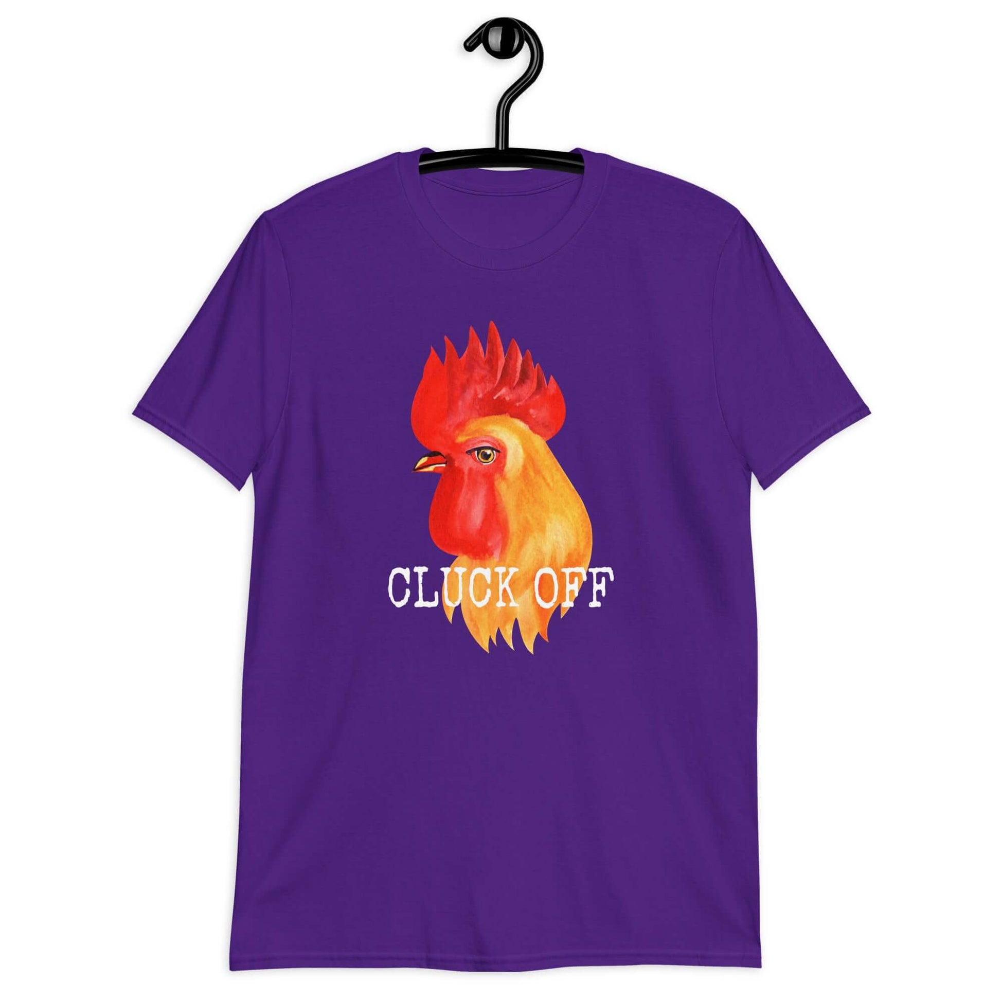 Purple T-shirt that has graphic of a chicken and the words Cluck off printed on the front.