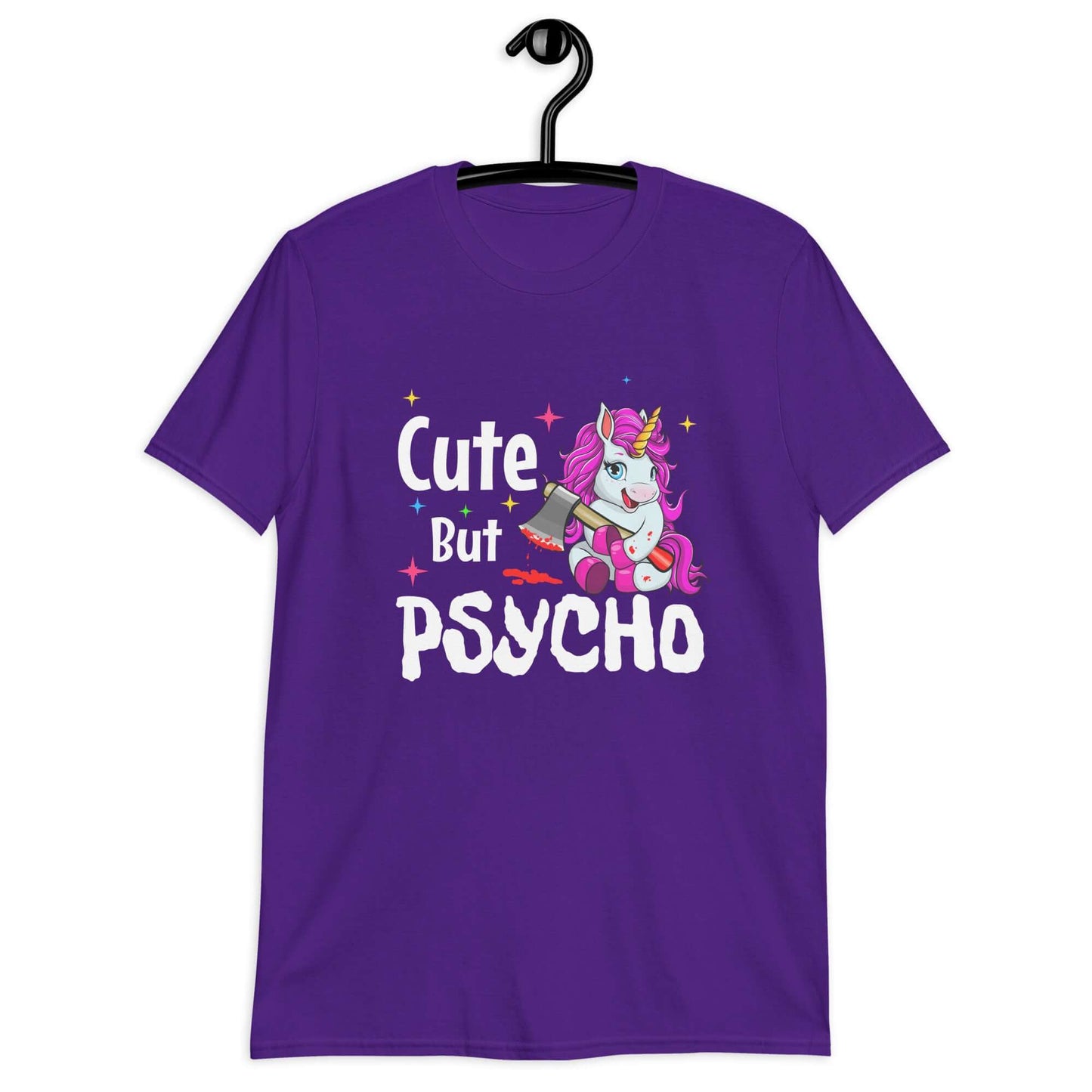 Purple t-shirt that has a graphic of a unicorn holding a knife & the words Cute but psycho printed on the front.