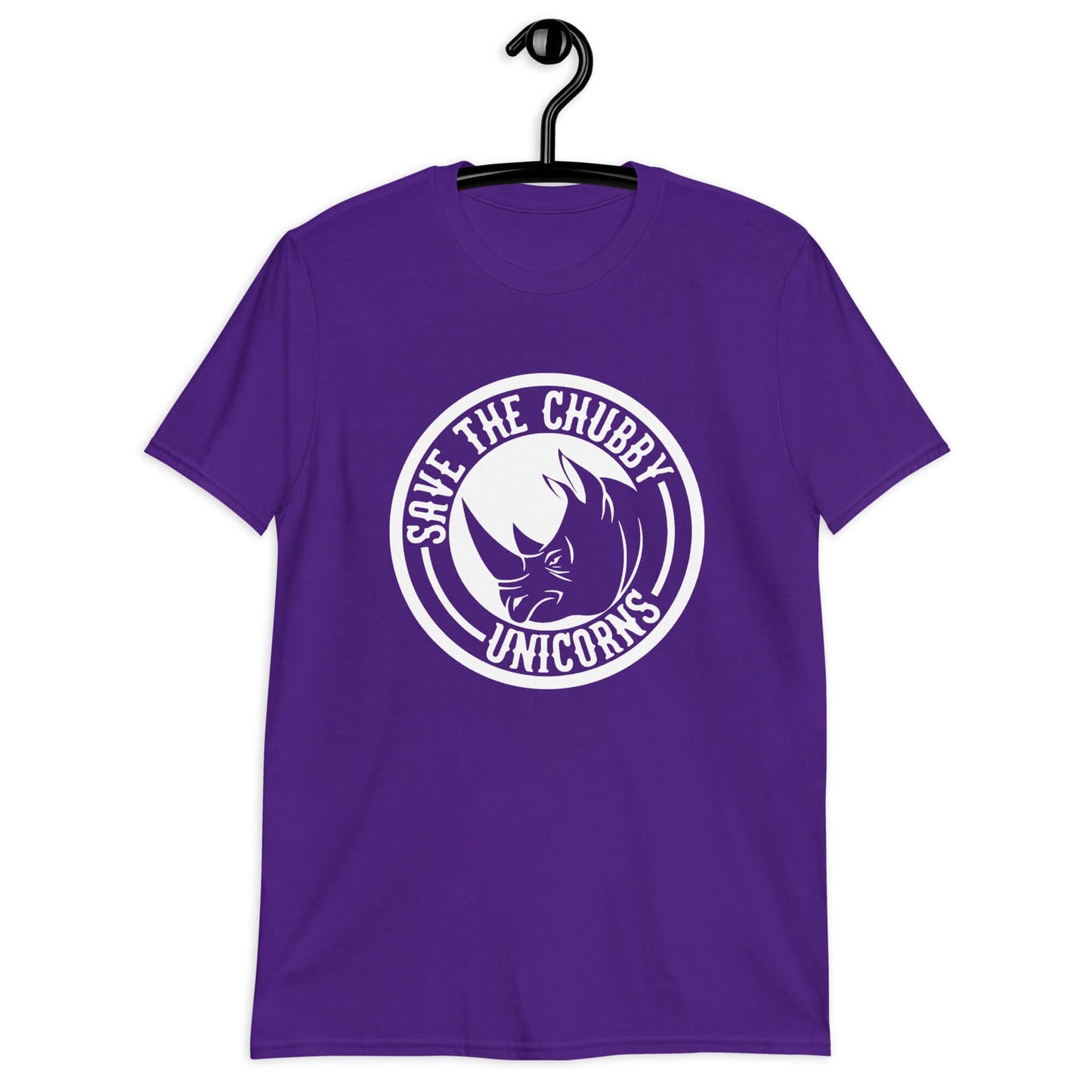 Purple t-shirt with a funny graphic of a rhinoceros & the words Save the chubby unicorns printed on the front.