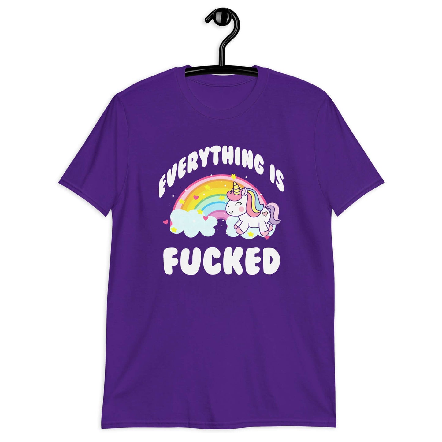 Purple t-shirt with a graphic of a kawaii style unicorn and a pastel rainbow with the words Everything is fucked printed on the front.