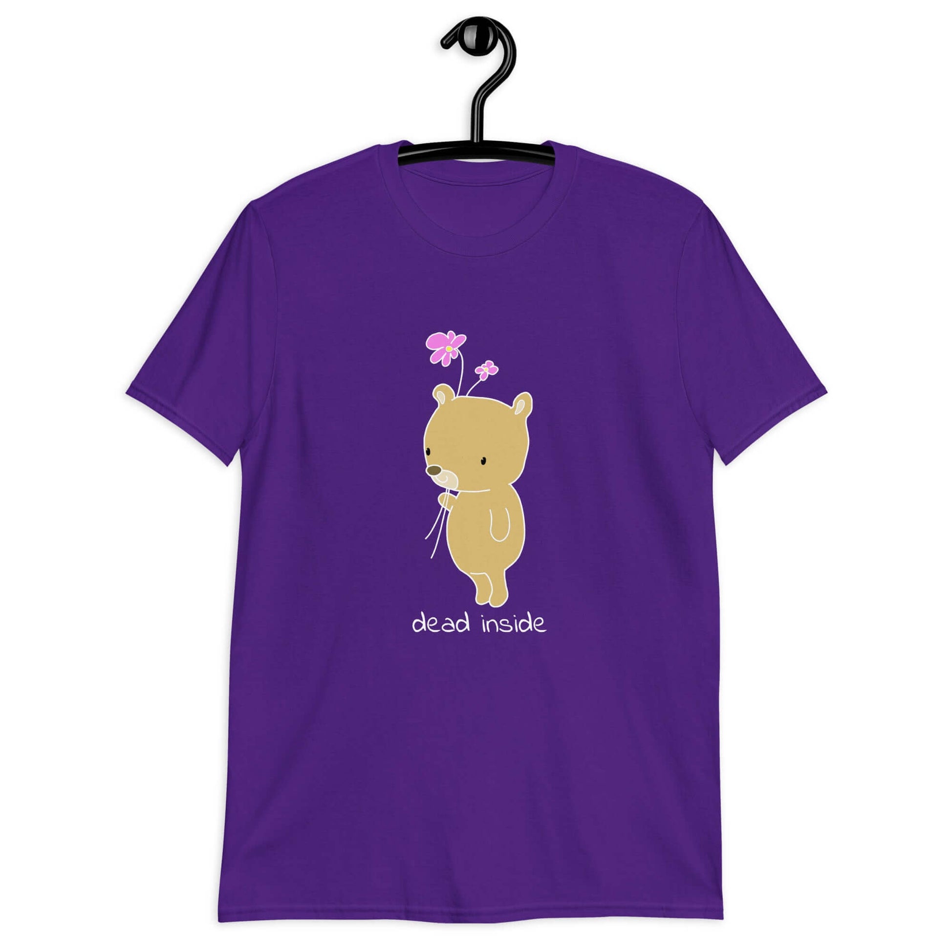 Purple t-shirt with an image of a cute bear holding 2 pink flowers. The words Dead inside are printed underneath the bear. The graphics are printed on the front of the shirt.