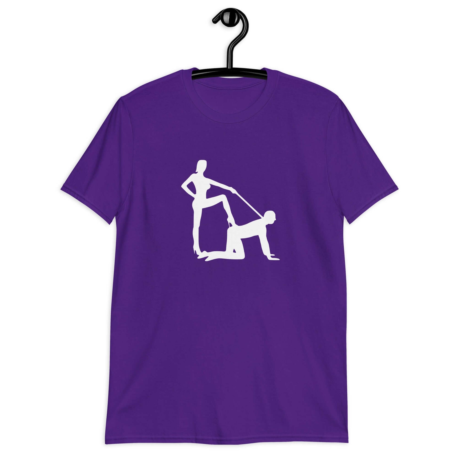 Purple t-shirt with the image of a silhouette of a man on his hands and knees and a dominatrix holding his leash printed on the front.