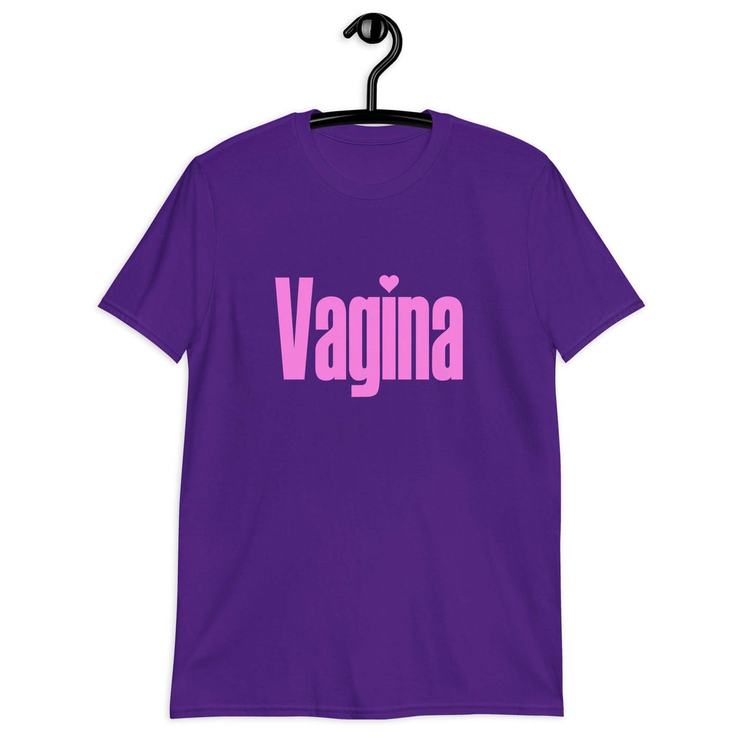 Purple t-shirt with the word Vagina printed on the front. The word vagina is in pink color text.