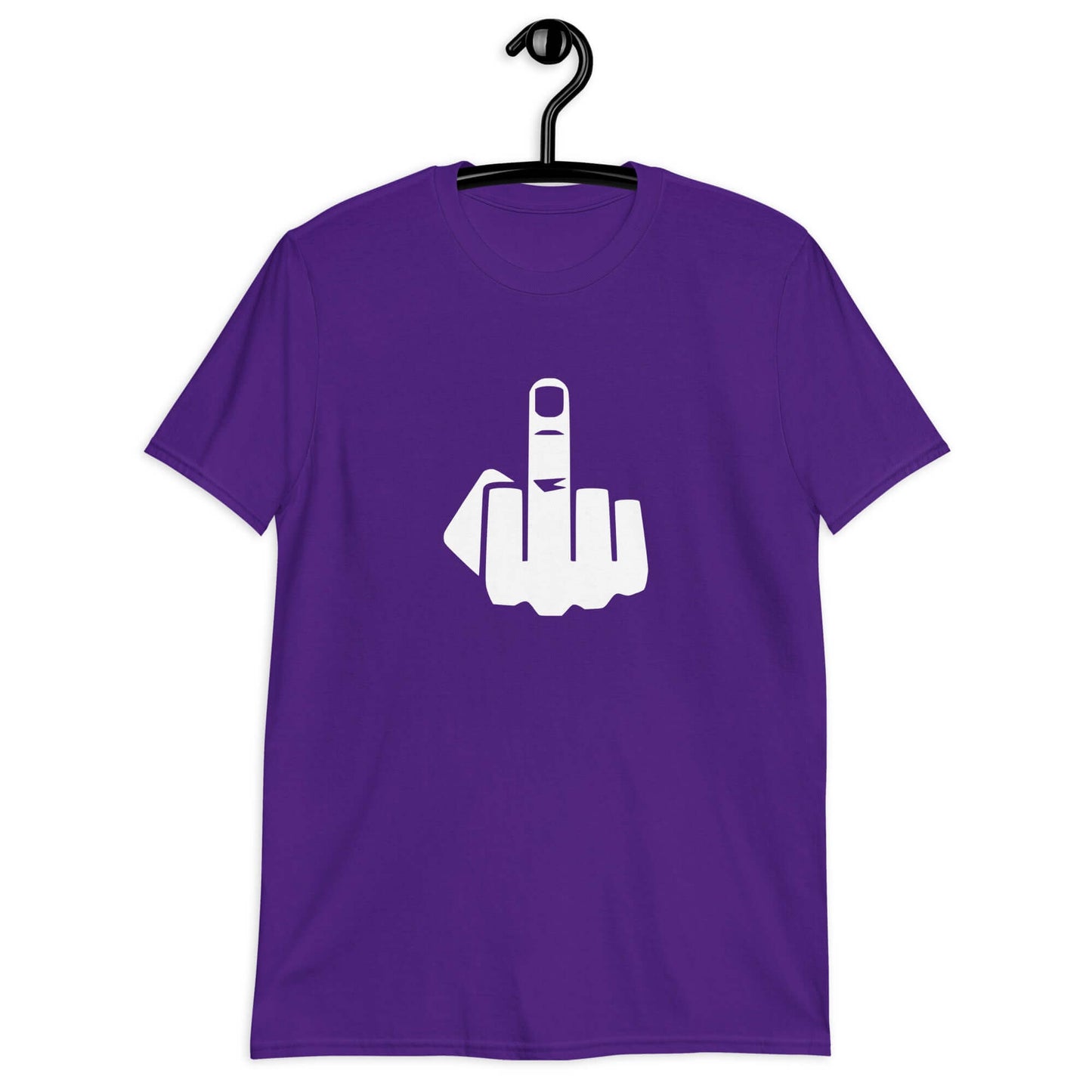 Purple t-shirt with an image of middle finger silhouette printed on the front.