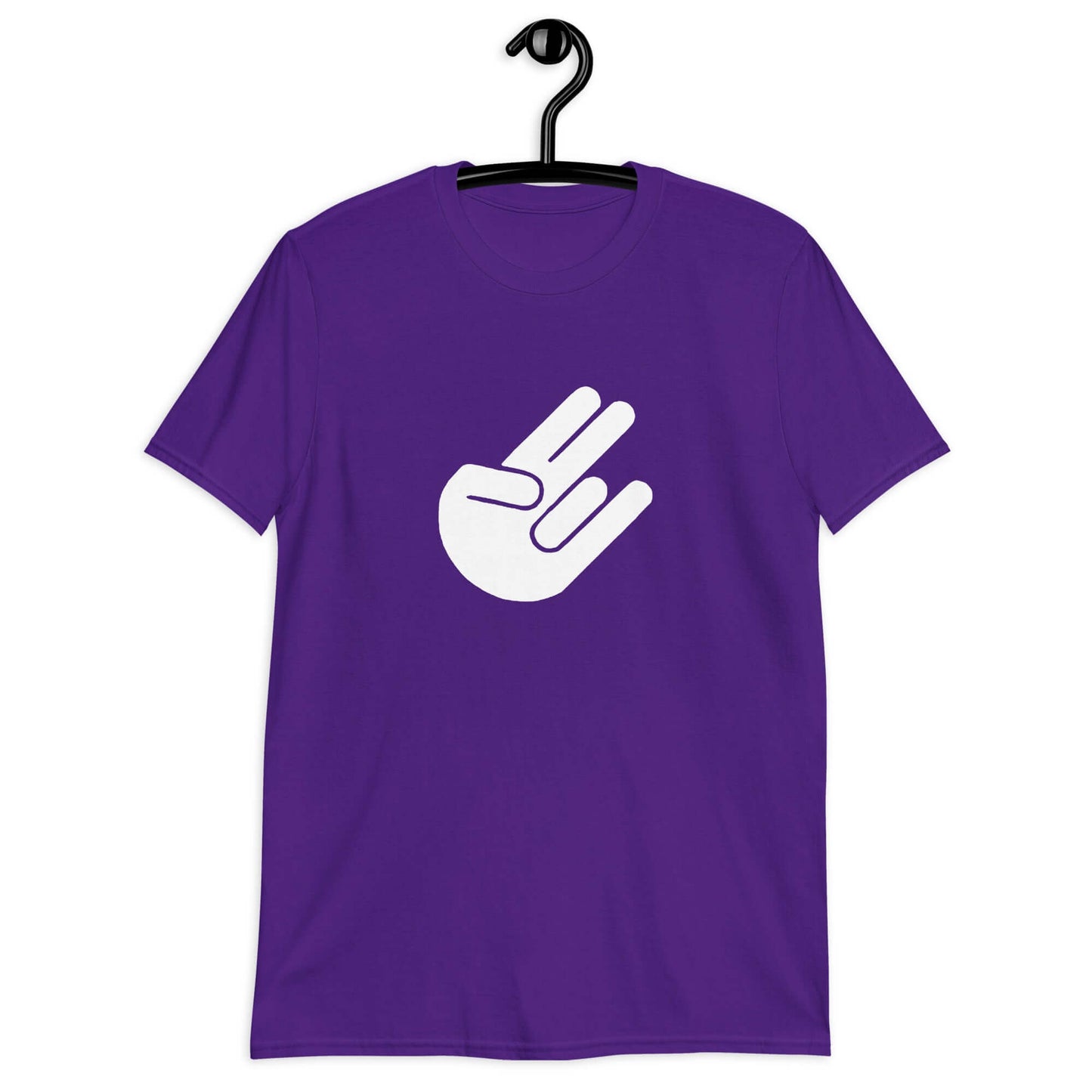 Purple t-shirt with the universal symbol for The Shocker printed on the front.