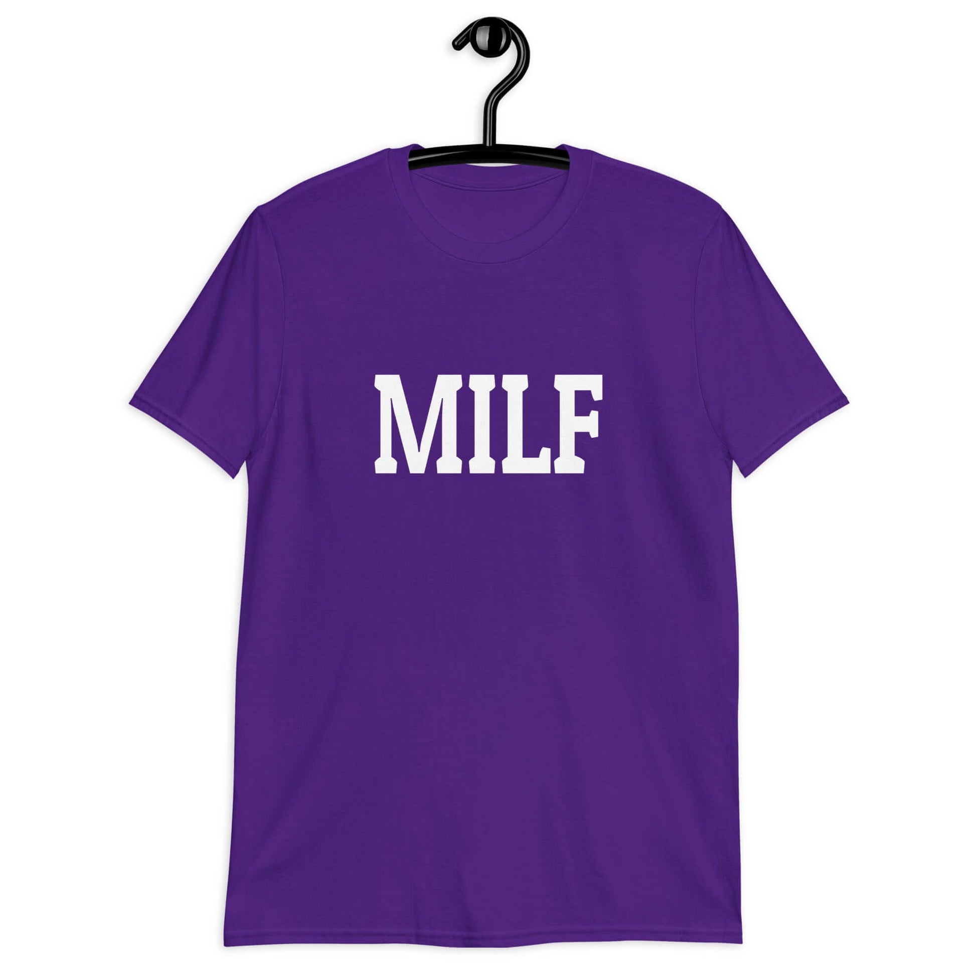 Purple t-shirt with the acronym MILF printed on the front.