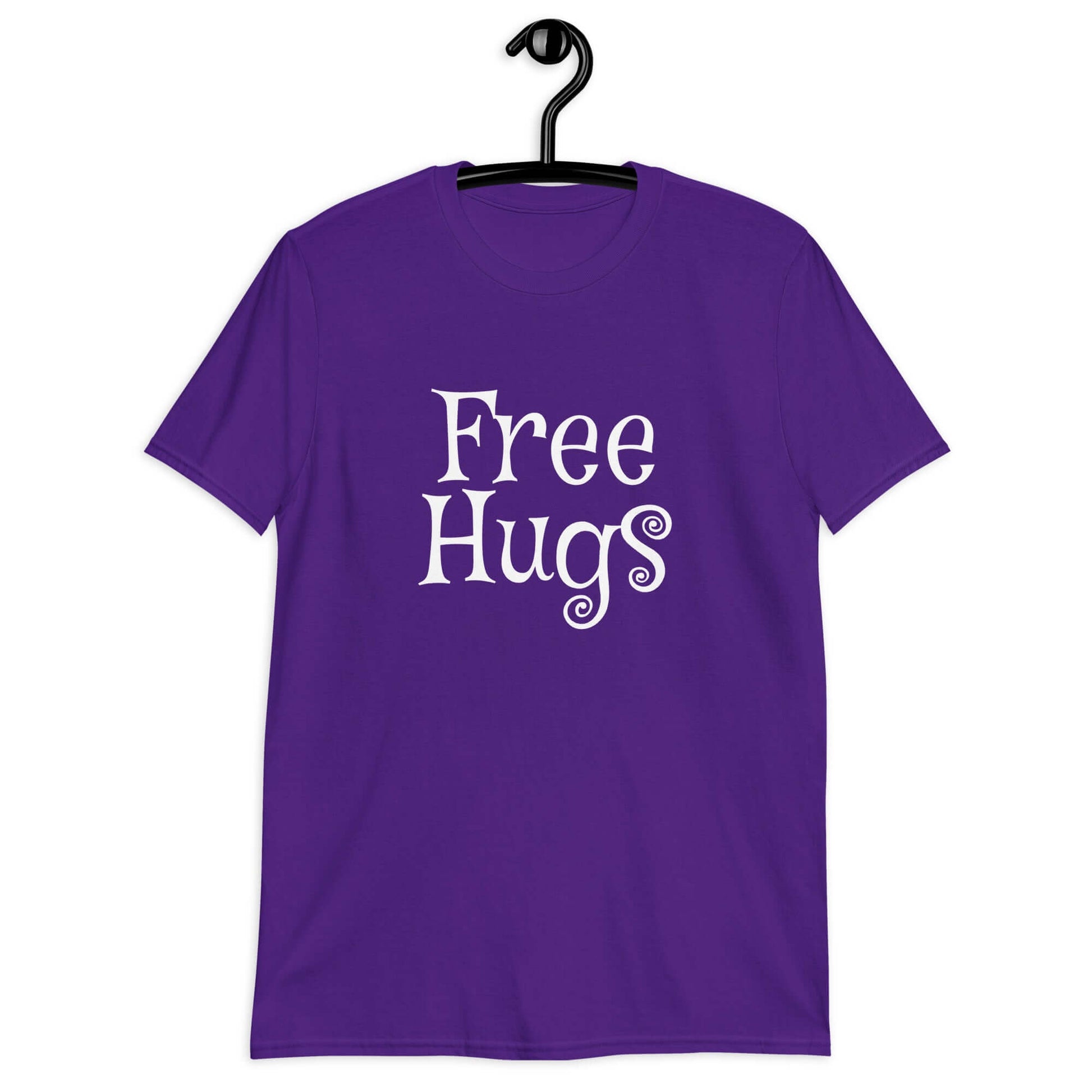 Purple t-shirt with the words Free Hugs printed on the front.