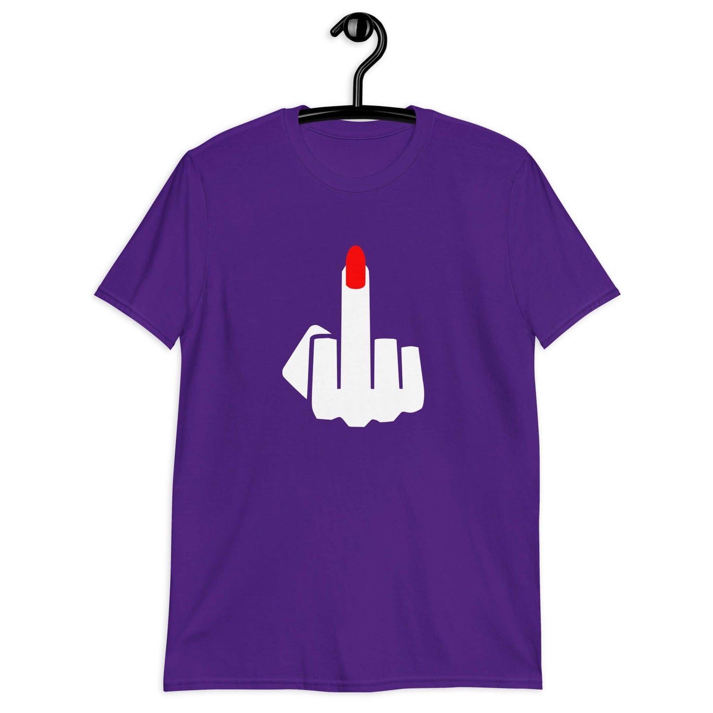 Purple t-shirt with an image of a middle finger with long red fingernail silhouette printed on the front.