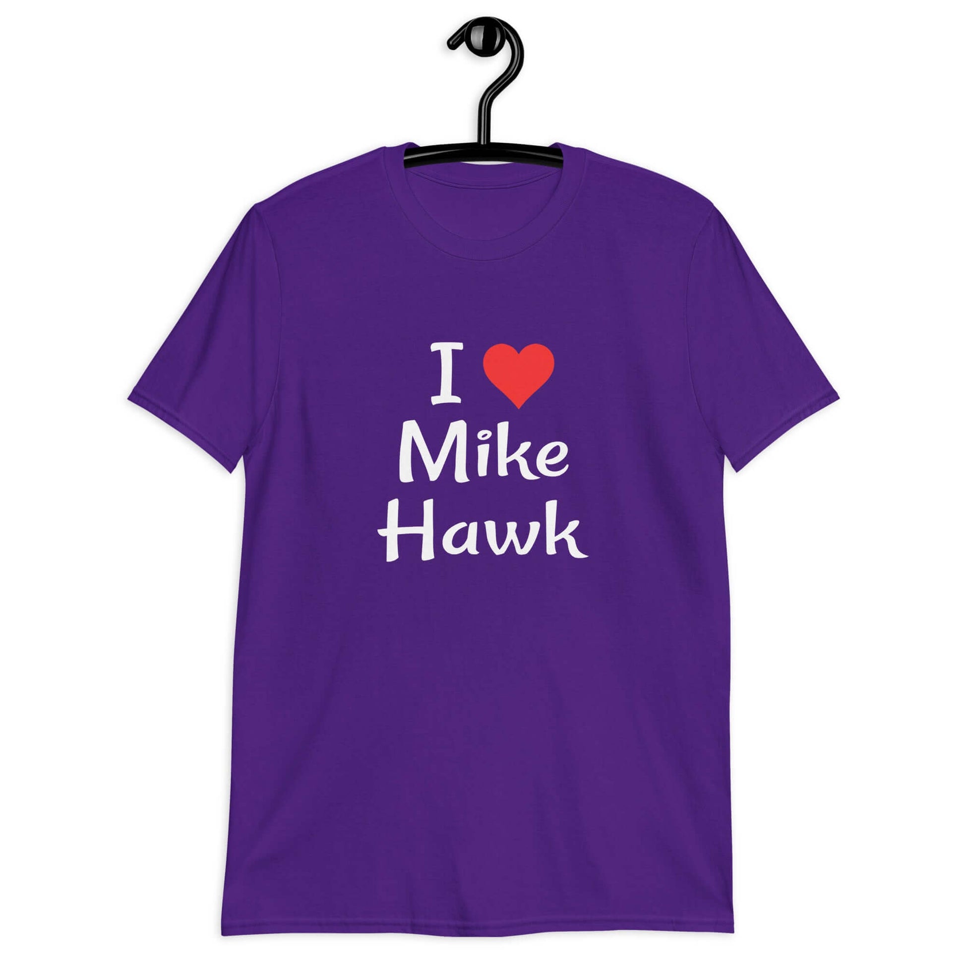 Purple t-shirt with the pun I heart Mike Hawk printed on the front.