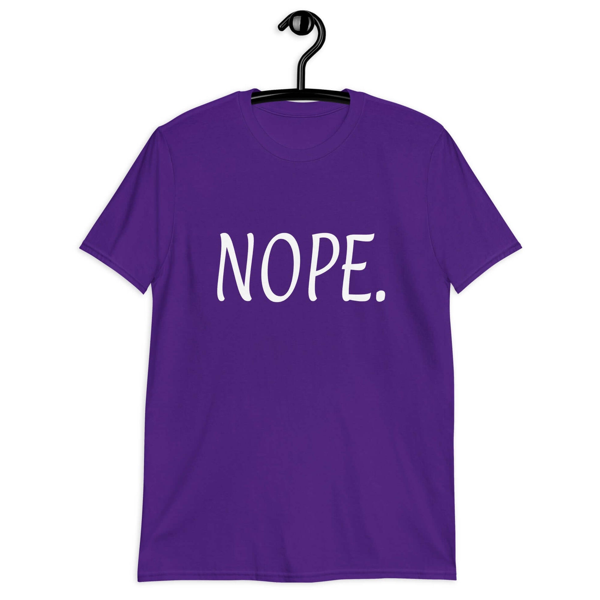 Purple t-shirt with the word Nope printed on the front.