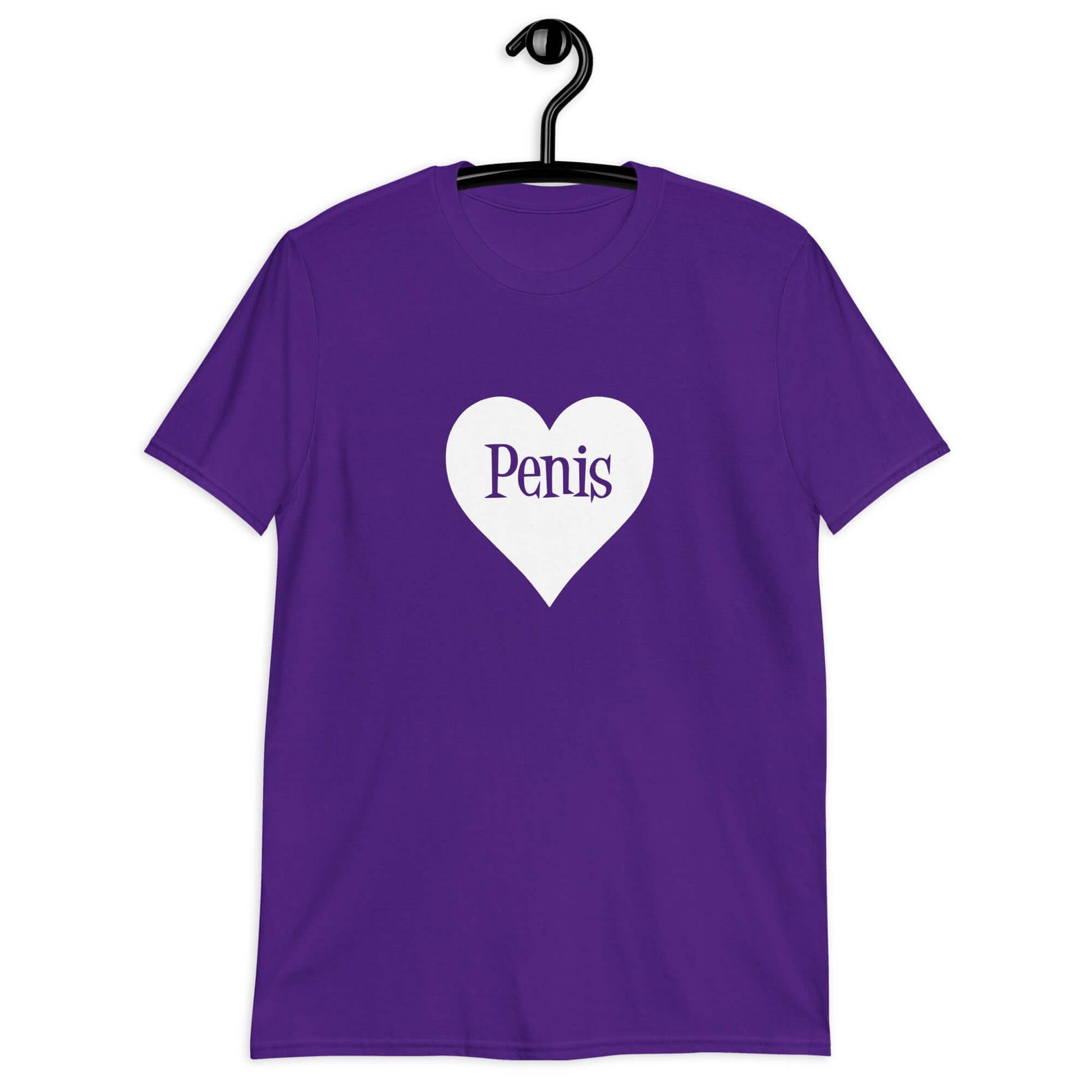 Purple t-shirt with a heart image printed on the front. The word penis is inside the heart