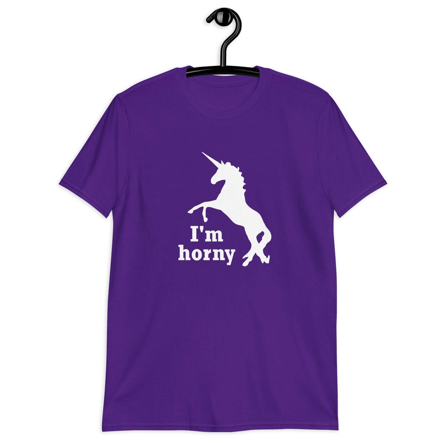 Purple t-shirt with an image of the silhouette of a unicorn and the words I'm horny printed on the front.