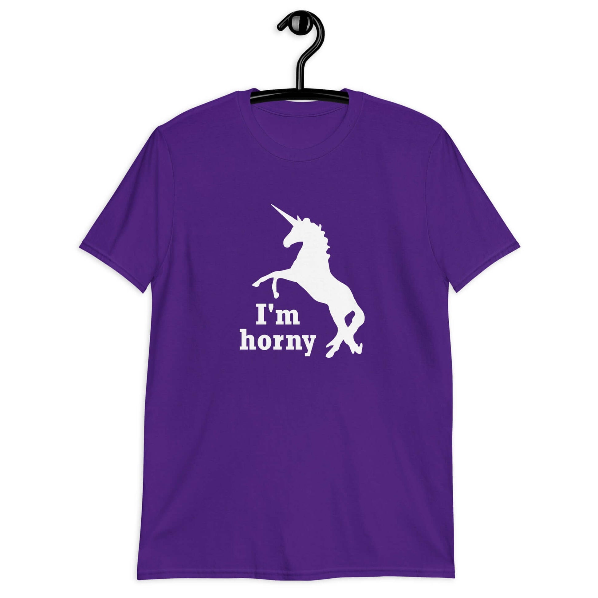 Purple t-shirt with an image of the silhouette of a unicorn and the words I'm horny printed on the front.