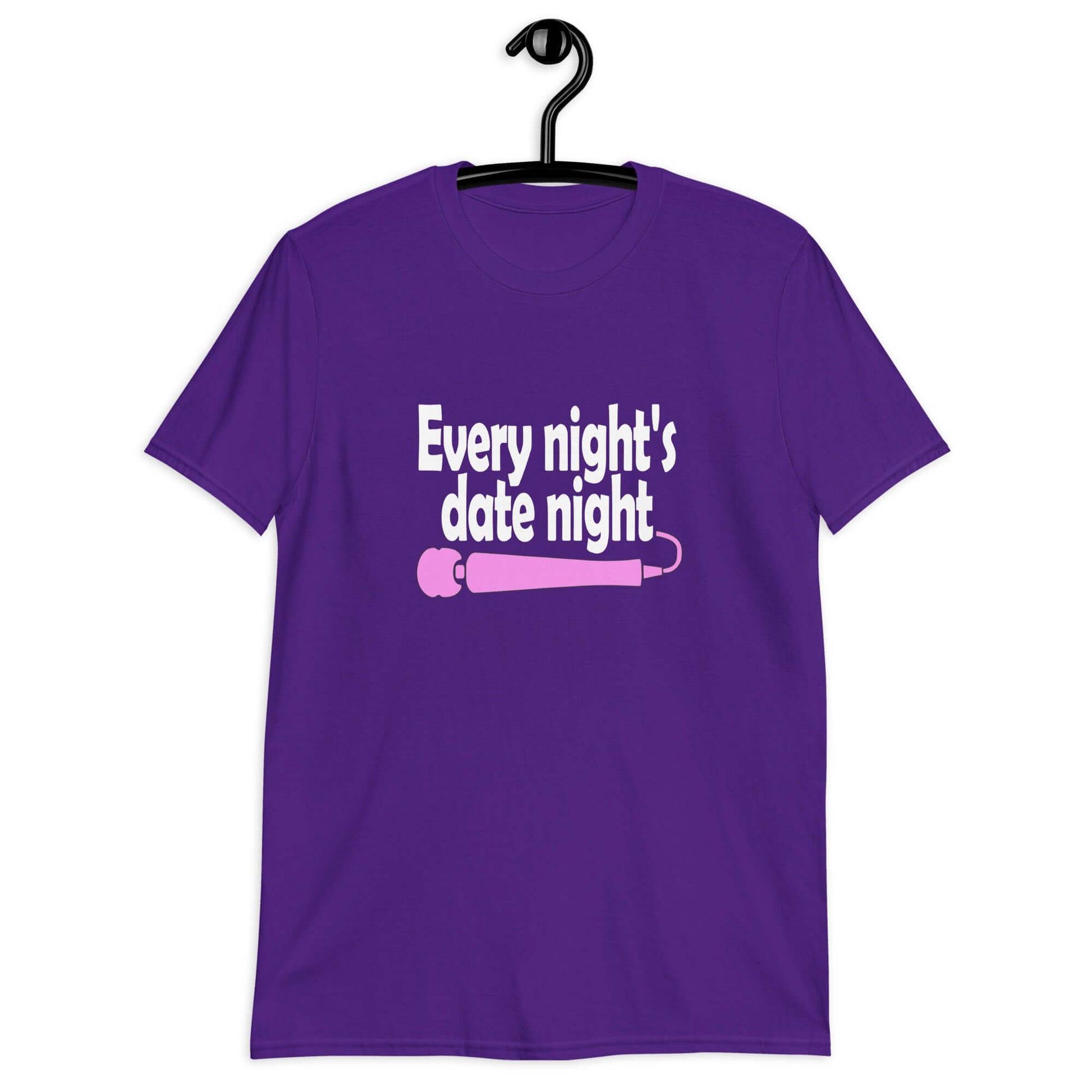 Purple t-shirt with the phrase Every night is date night with a hot pink wand vibrator printed beneath. The graphics are printed on the front of the shirt.