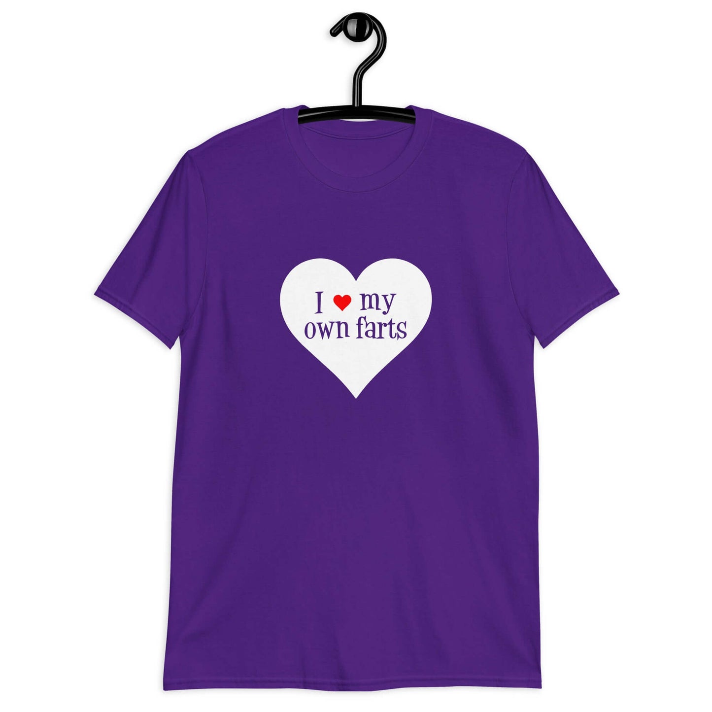 Purple t-shirt with I heart my own farts printed on the front. The words are printed inside of a larger heart image.