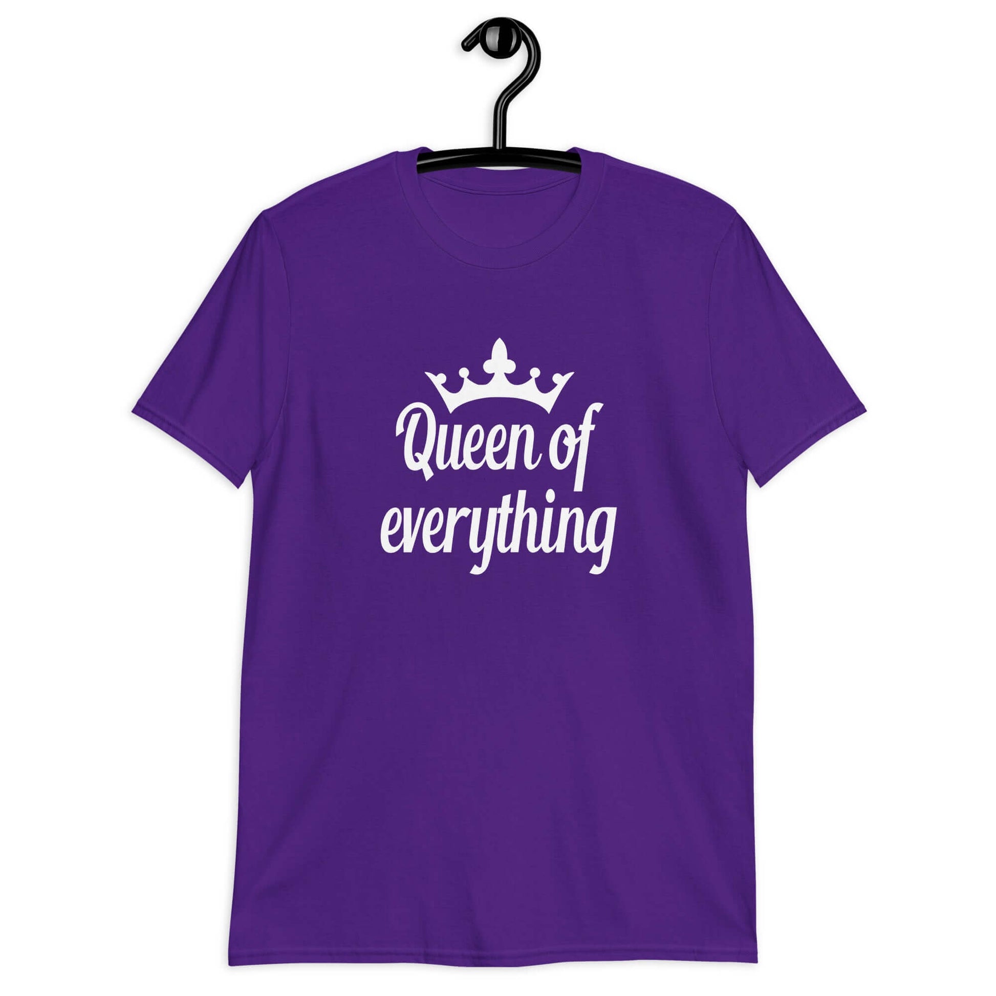 Purple t-shirt with an image of a crown and the phrase Queen of everything printed on the front of the shirt.