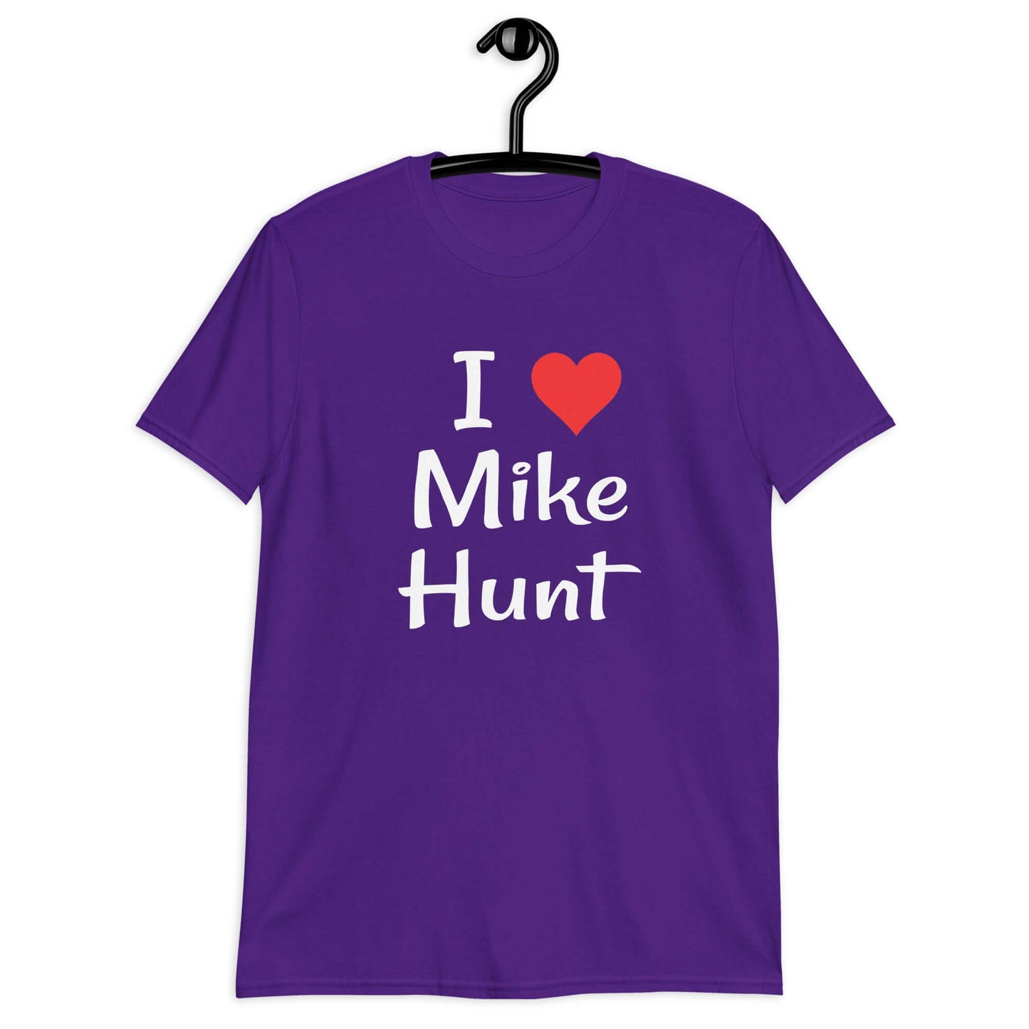 Purple t-shirt with pun I heart Mike Hunt printed on the front. The heart is red.