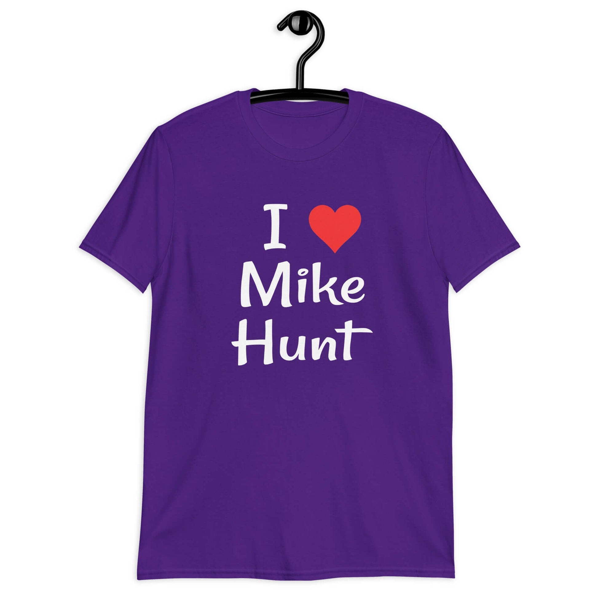 Purple t-shirt with pun I heart Mike Hunt printed on the front. The heart is red.