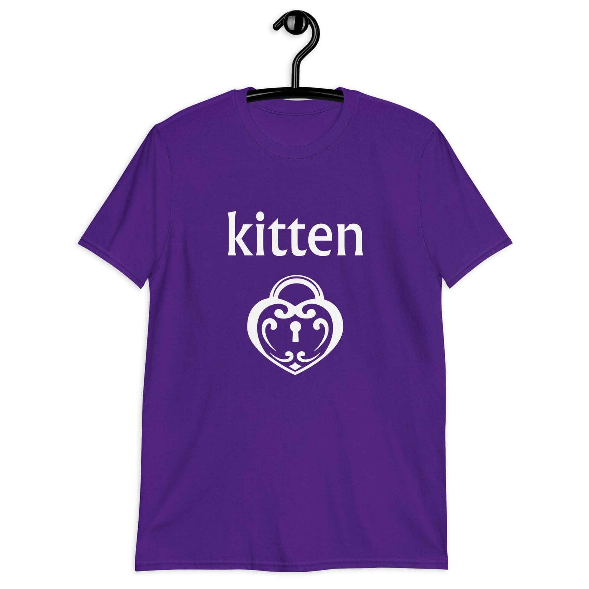 Purple t-shirt with an image of a heart shaped lock and the word kitten printed on the front.