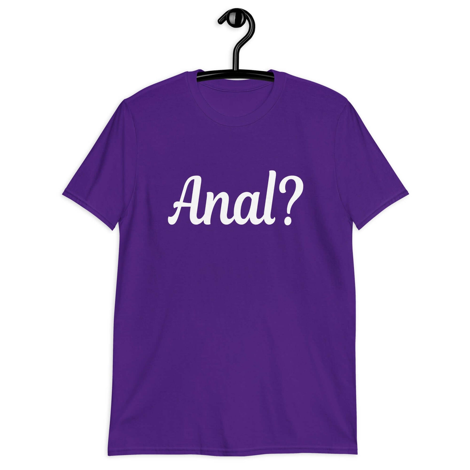 Purple t-shirt with the word Anal with a question mark printed on the front.