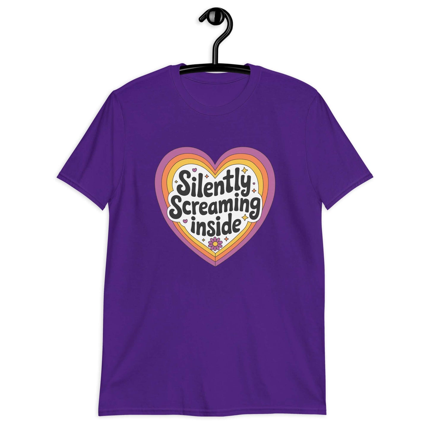 Purple t-shirt with a graphic that says Silently screaming inside. The graphics are printed on the front of the shirt.