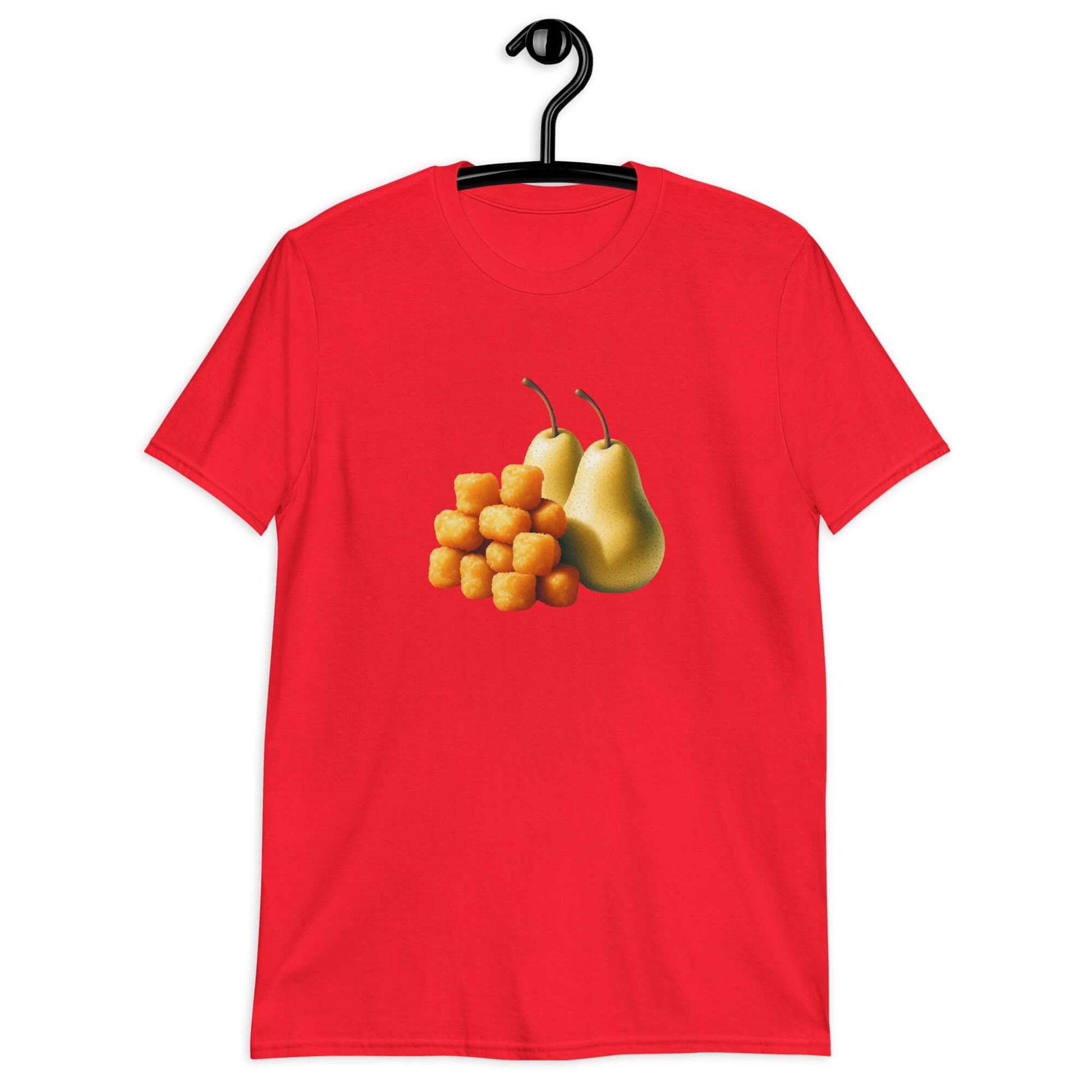 Red t-shirt with an image of tater tots and two pears printed on the front.