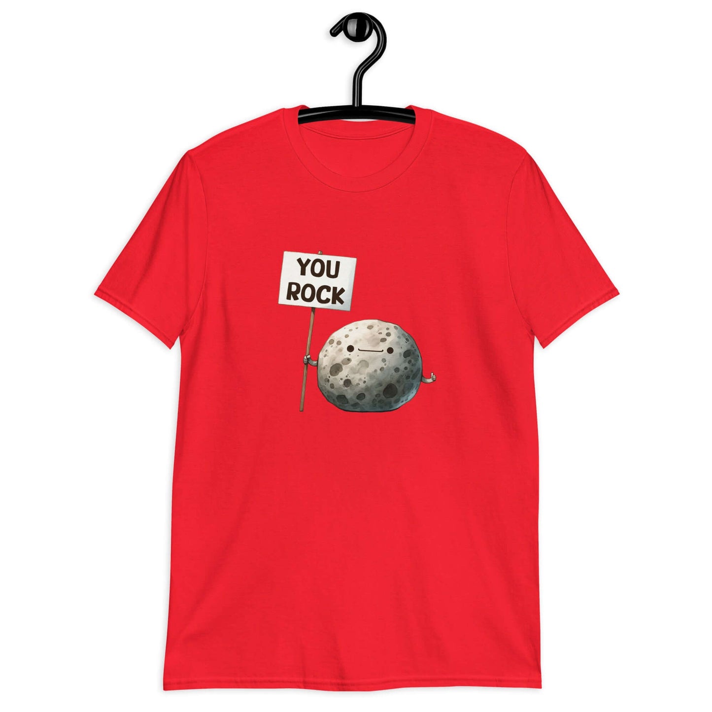 Red t-shirt that has an image of a grey rock that is holding a sign. The sign says You Rock. The image is printed on the front of the t-shirt..