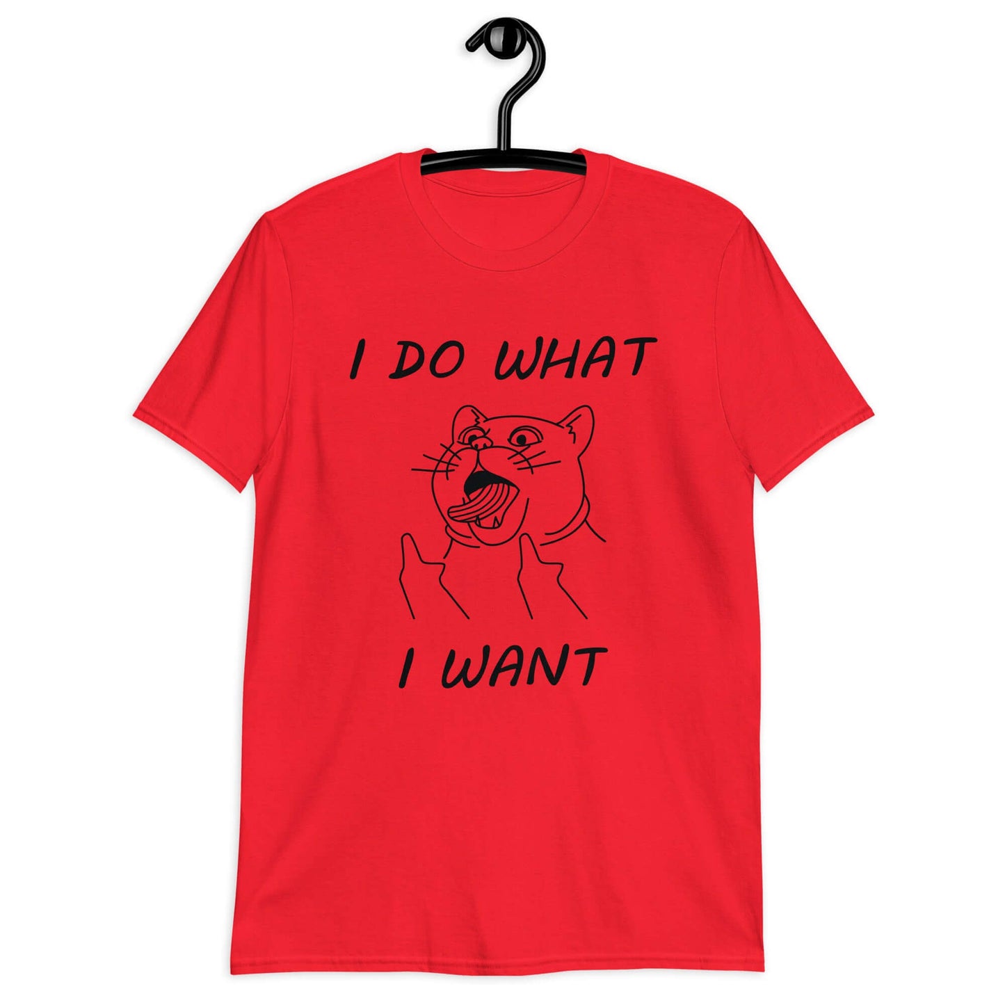 Red t-shirt with cat flipping middle fingers and the words I do what I want printed on the front.