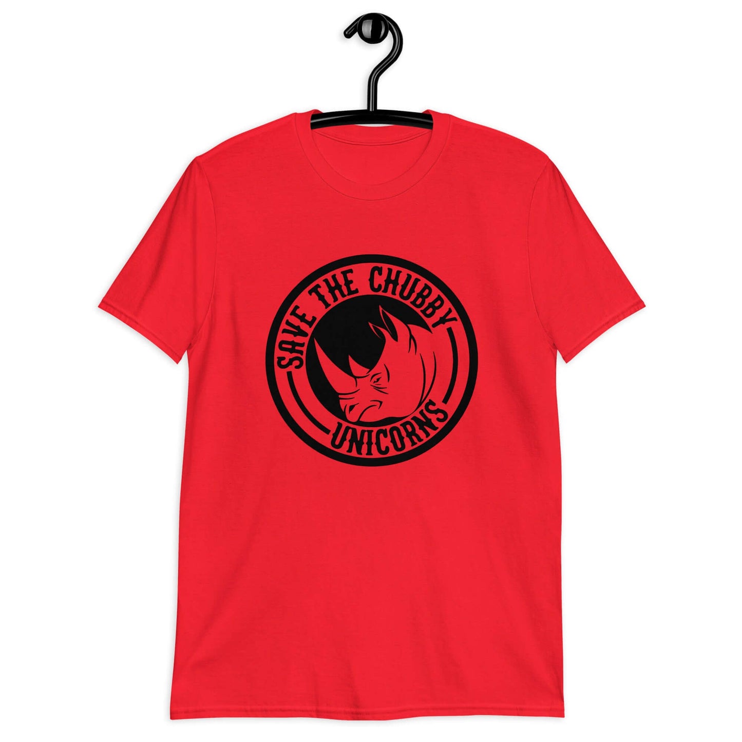 Red t-shirt with a funny graphic of a rhinoceros & the words Save the chubby unicorns printed on the front.