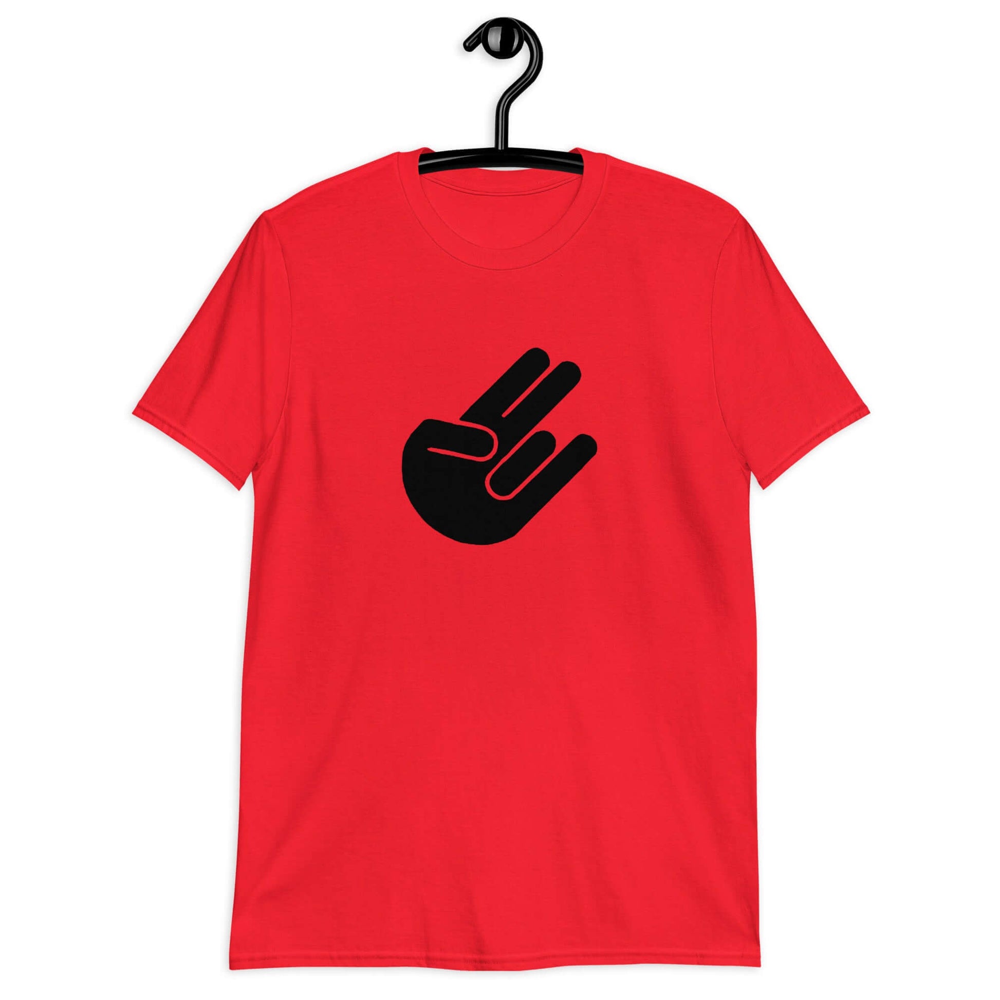 Red t-shirt with the universal symbol for The Shocker printed on the front.