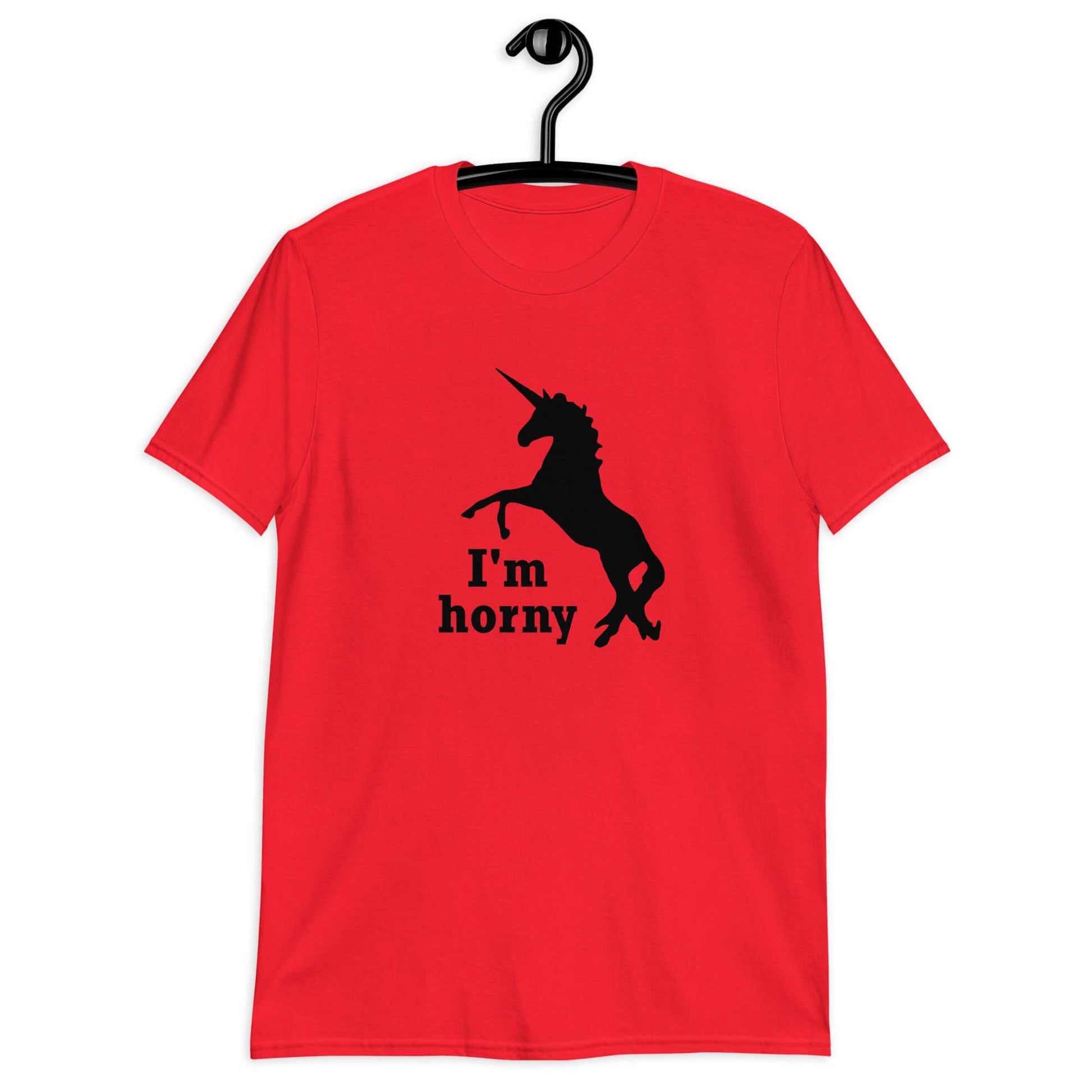 Red t-shirt with an image of the silhouette of a unicorn and the words I'm horny printed on the front.