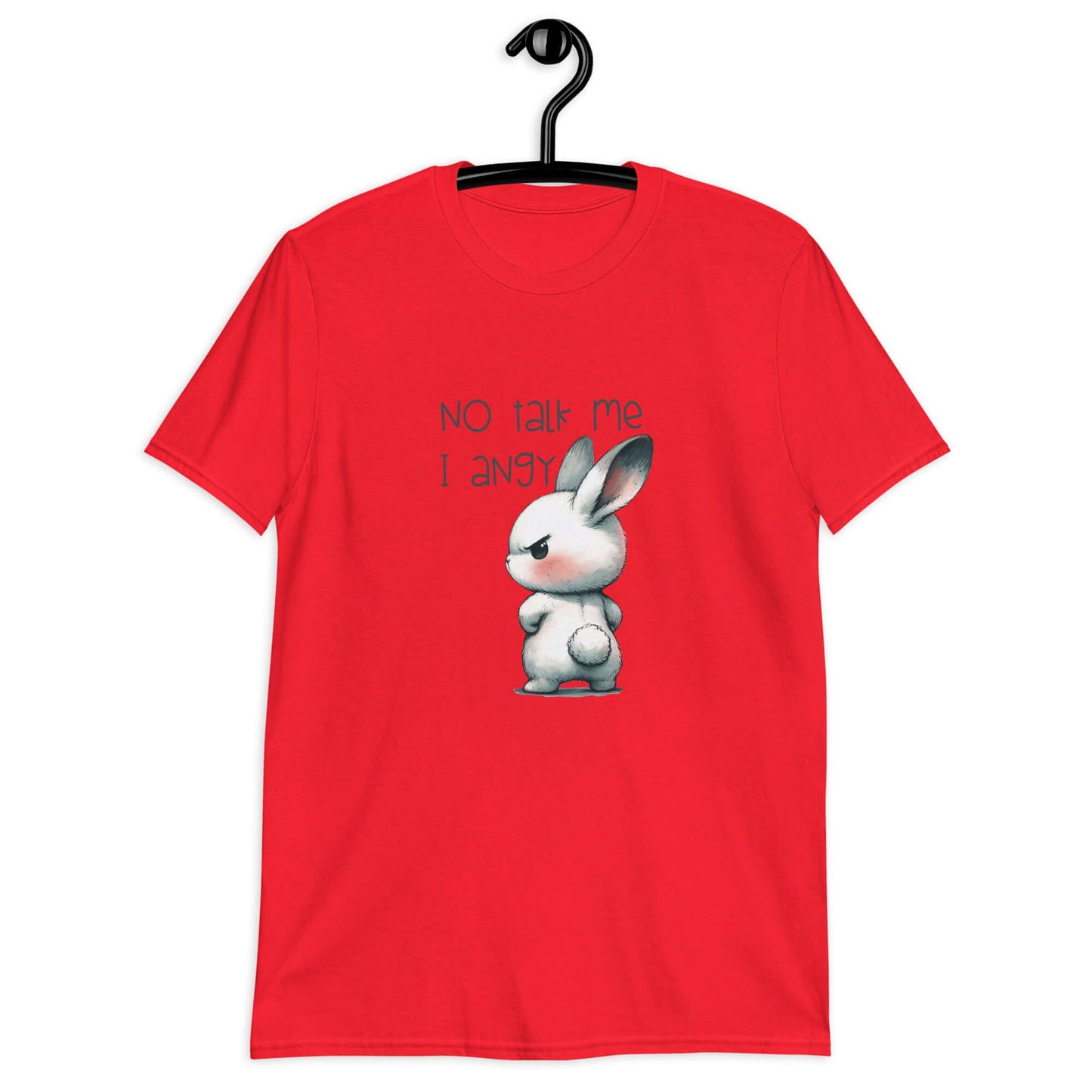 Red t-shirt with an image of an angry bunny with the phrase No talk me I angy printed on the front.