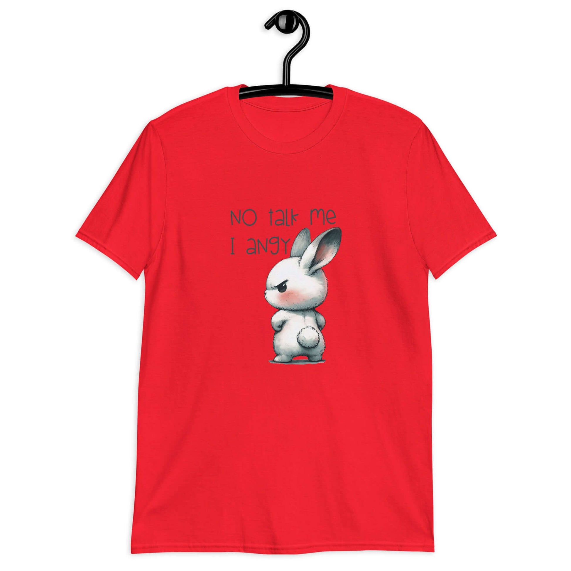 Red t-shirt with an image of an angry bunny with the phrase No talk me I angy printed on the front.