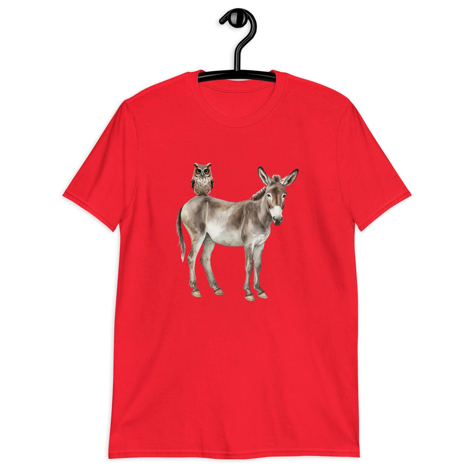 Red t-shirt with an image of a donkey with wise owl sitting on it printed on the front.