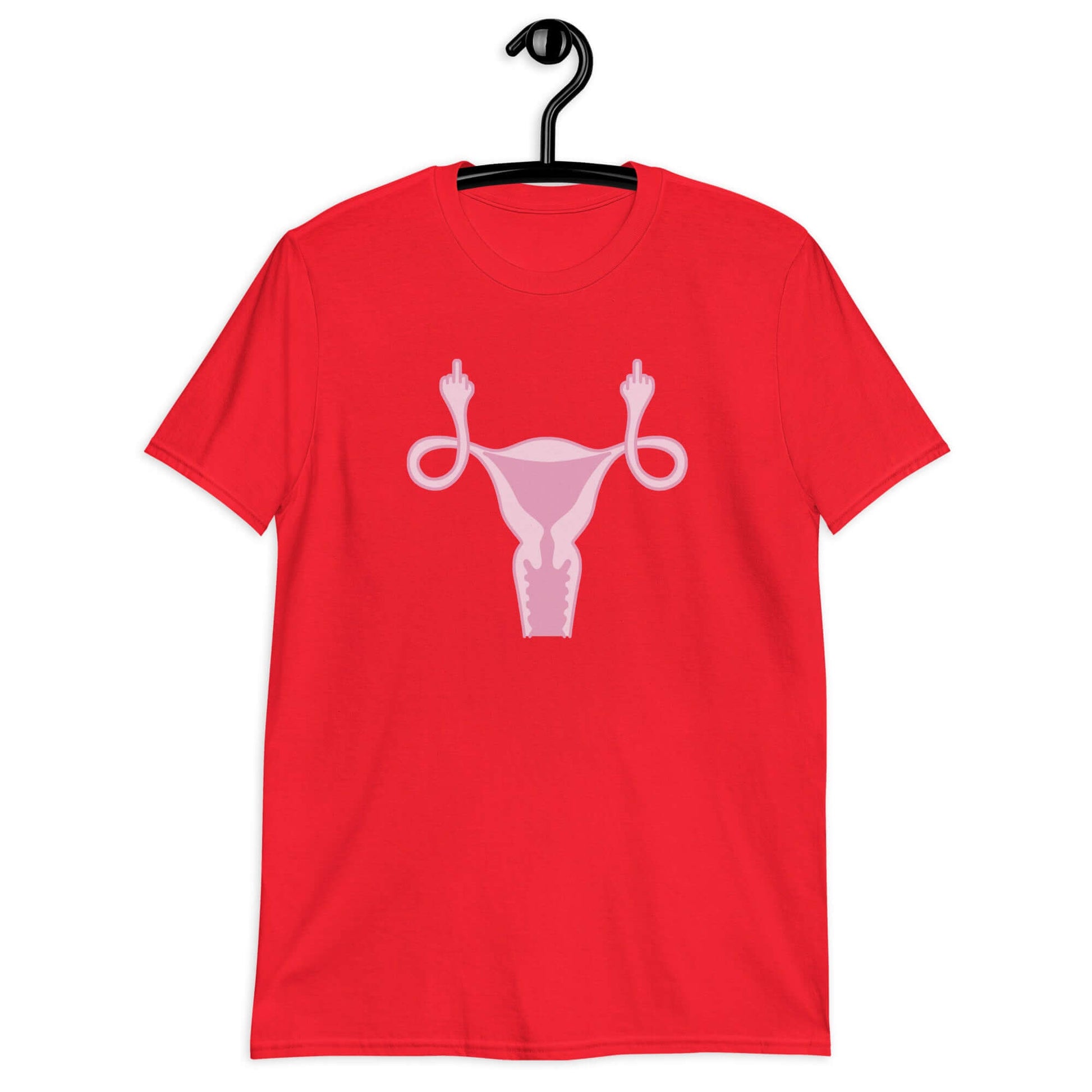 Red t-shirt with image of a pink uterus flipping middle finger graphic printed on the front.