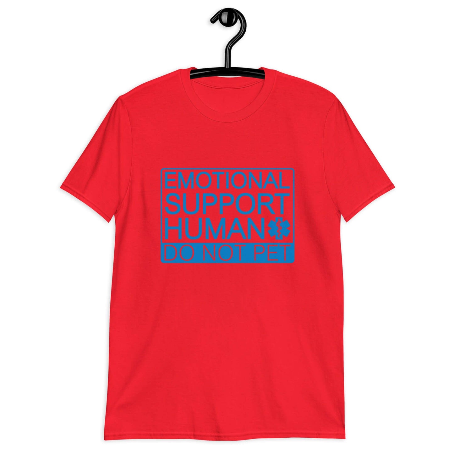 Red t-shirt with the words Emotional support human, do not pet printed on the front.