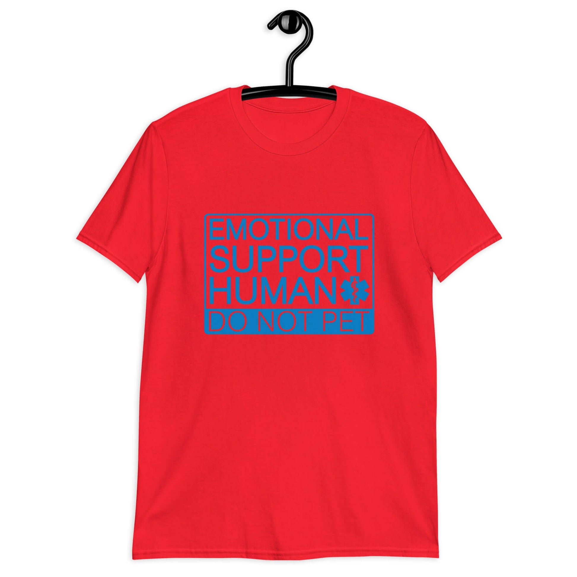 Red t-shirt with the words Emotional support human, do not pet printed on the front.