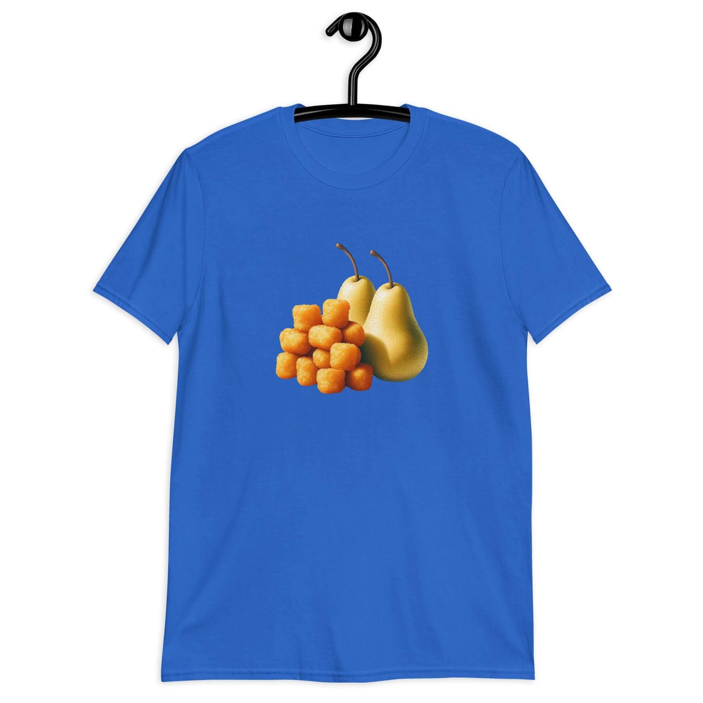 Royal blue t-shirt with an image of tater tots and two pears printed on the front.