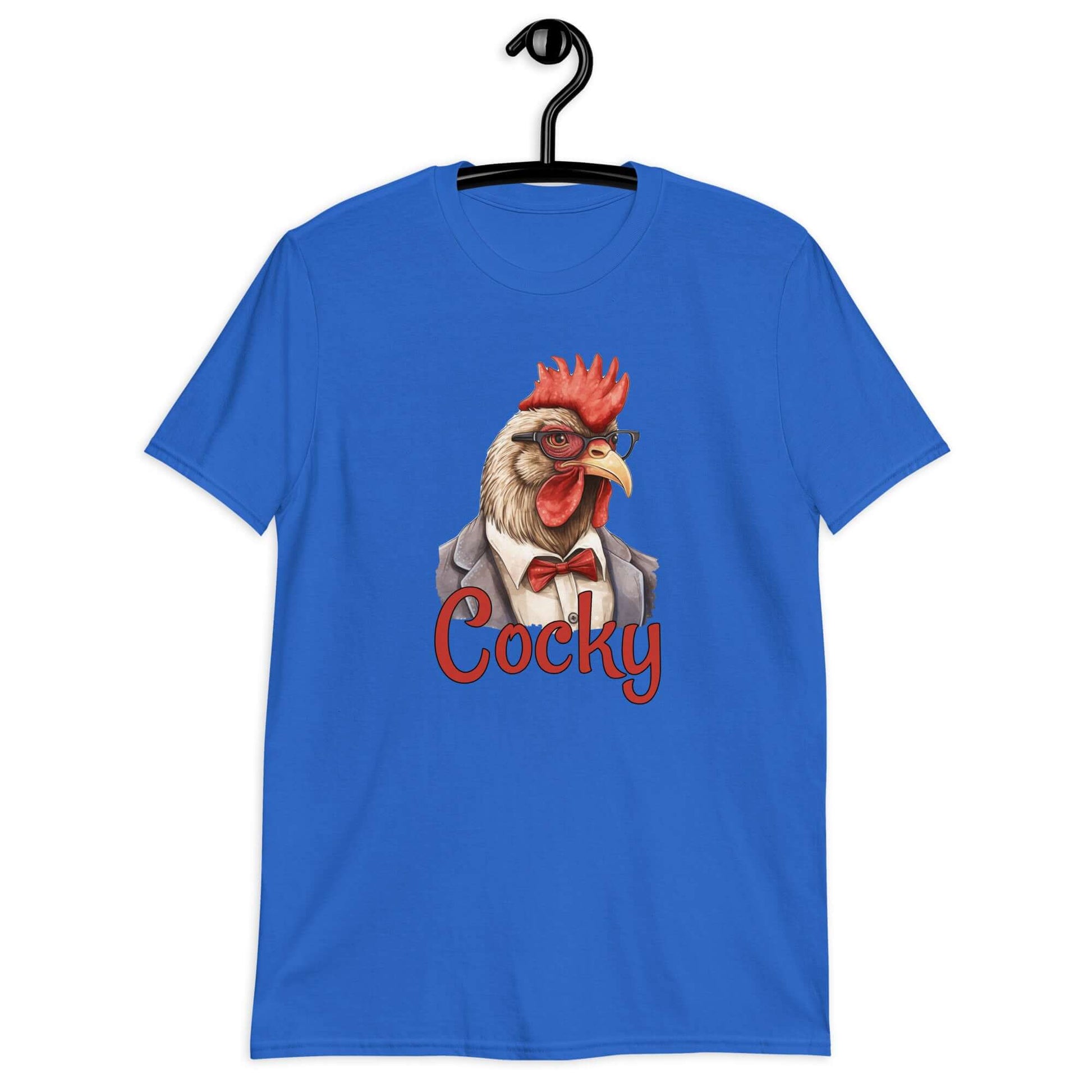 Royal blue t-shirt with image of a rooster and the word Cocky printed on the front.