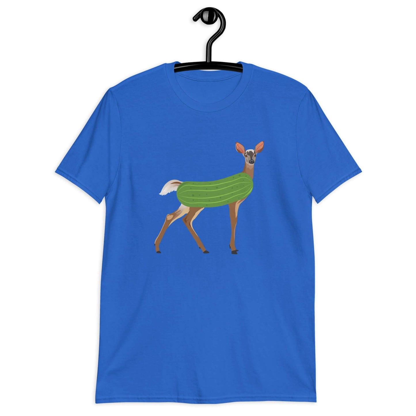 Royal blue dildo pun t-shirt with funny image of a doe deer with a dill pickle body printed on the front.