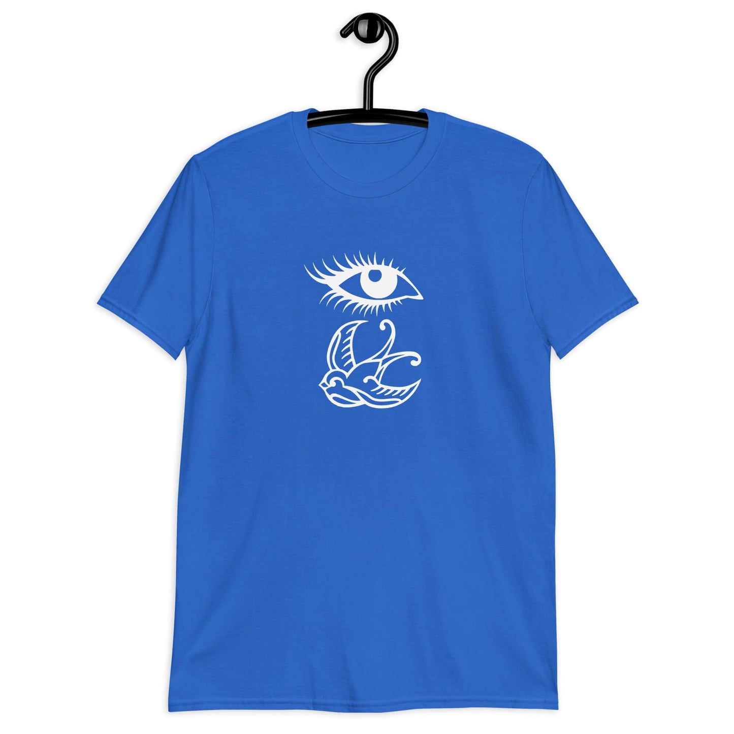 Royal blue t-shirt with outline drawing of an eye and a swallow bird printed on the front.