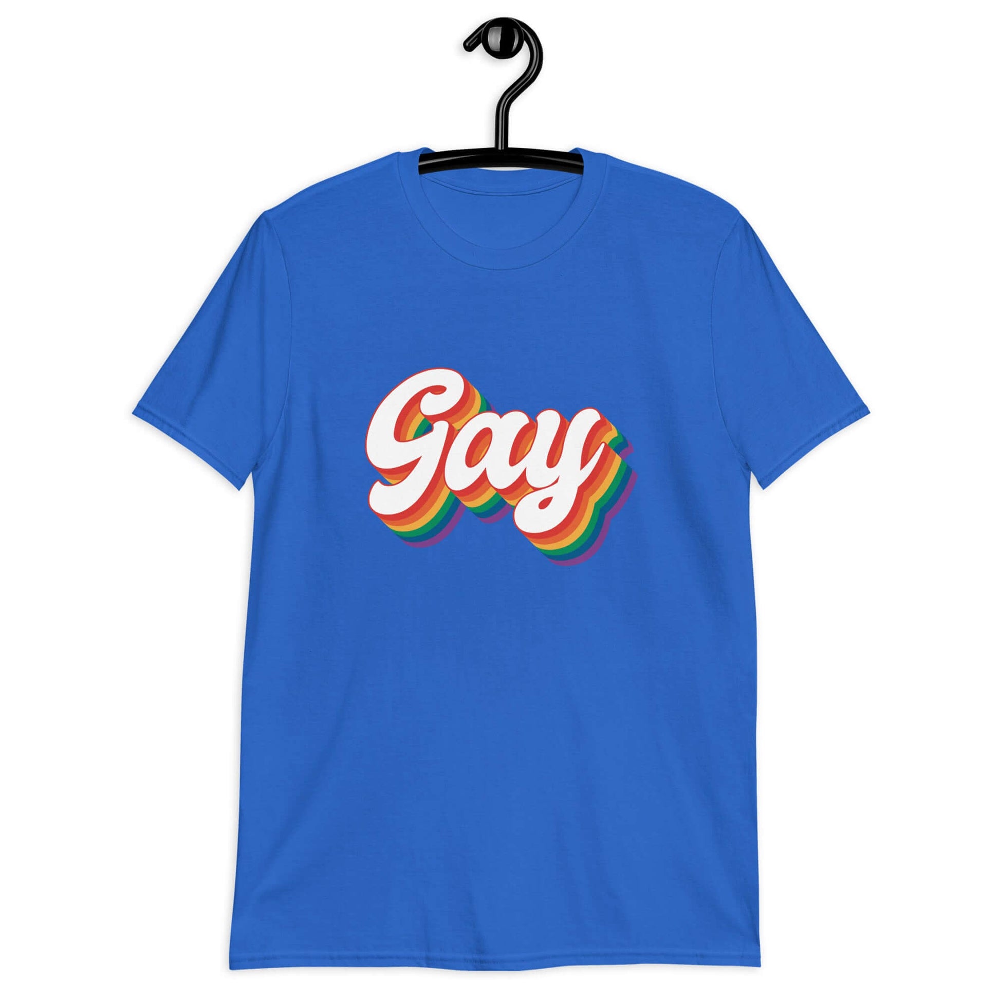 Royal blue t-shirt with the word Gay printed on the front. The word gay is outlined in rainbow.