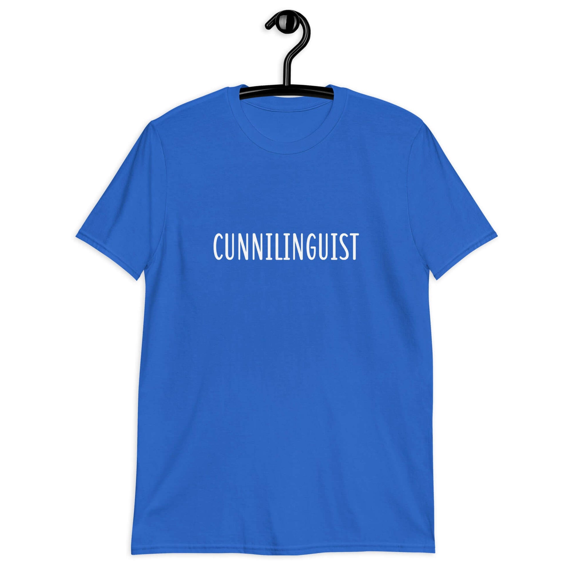 Royal blue t-shirt with the word Cunnilinguist printed on the front.